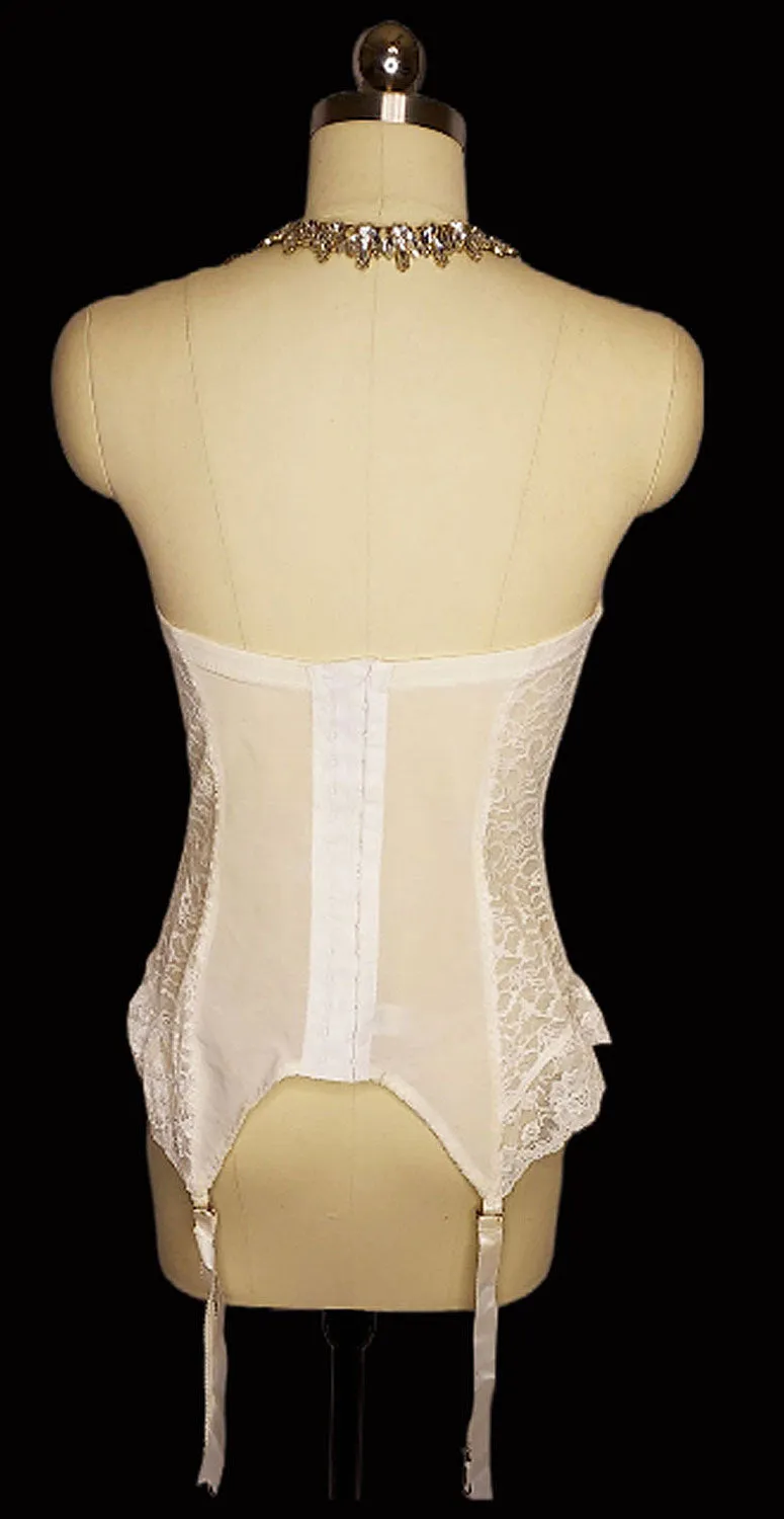 * GLAMOROUS VINTAGE 1950s FANCY I OWE IT ALL TO GODDESS RUFFLE LACE MERRY WIDOW WITH METAL GARTERS FOUNDATION BUSTIER - 36 D - ABSOLUTELY GORGEOUS!