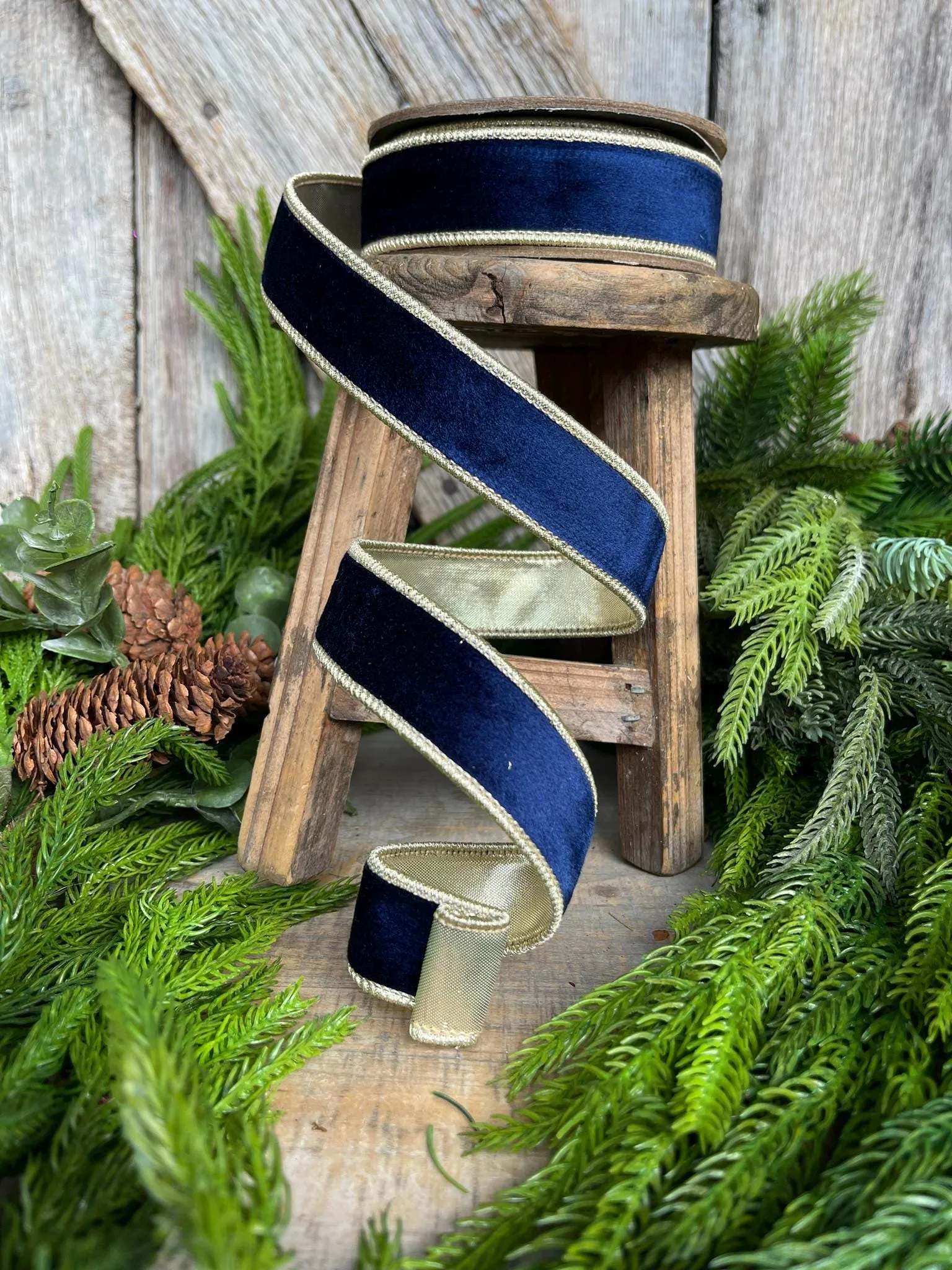 1" Navy Gold Velvet RIbbon, Navy Blue Ribbon