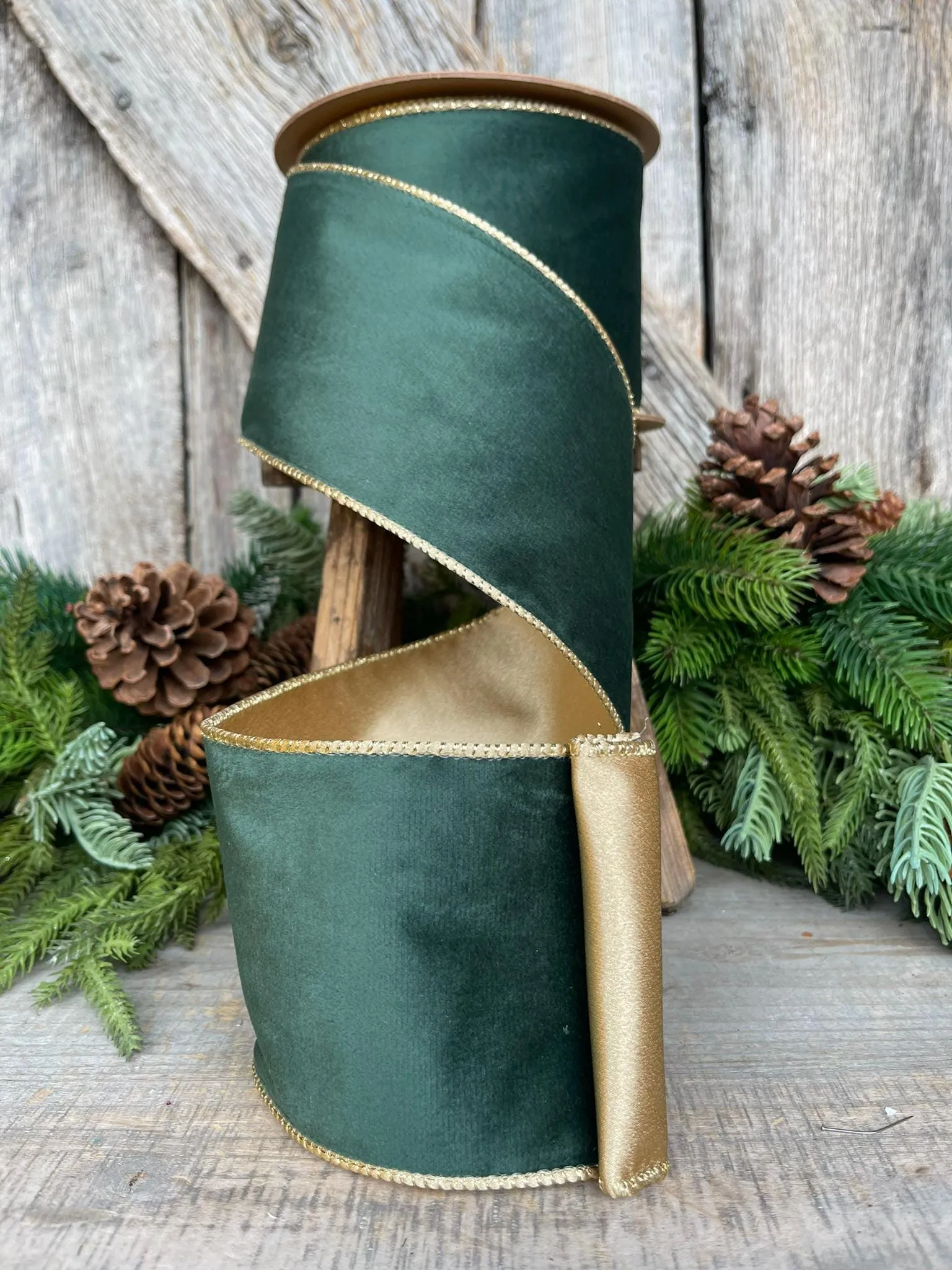 4" Green Velvet Ribbon, Green & Gold Velvet Ribbon