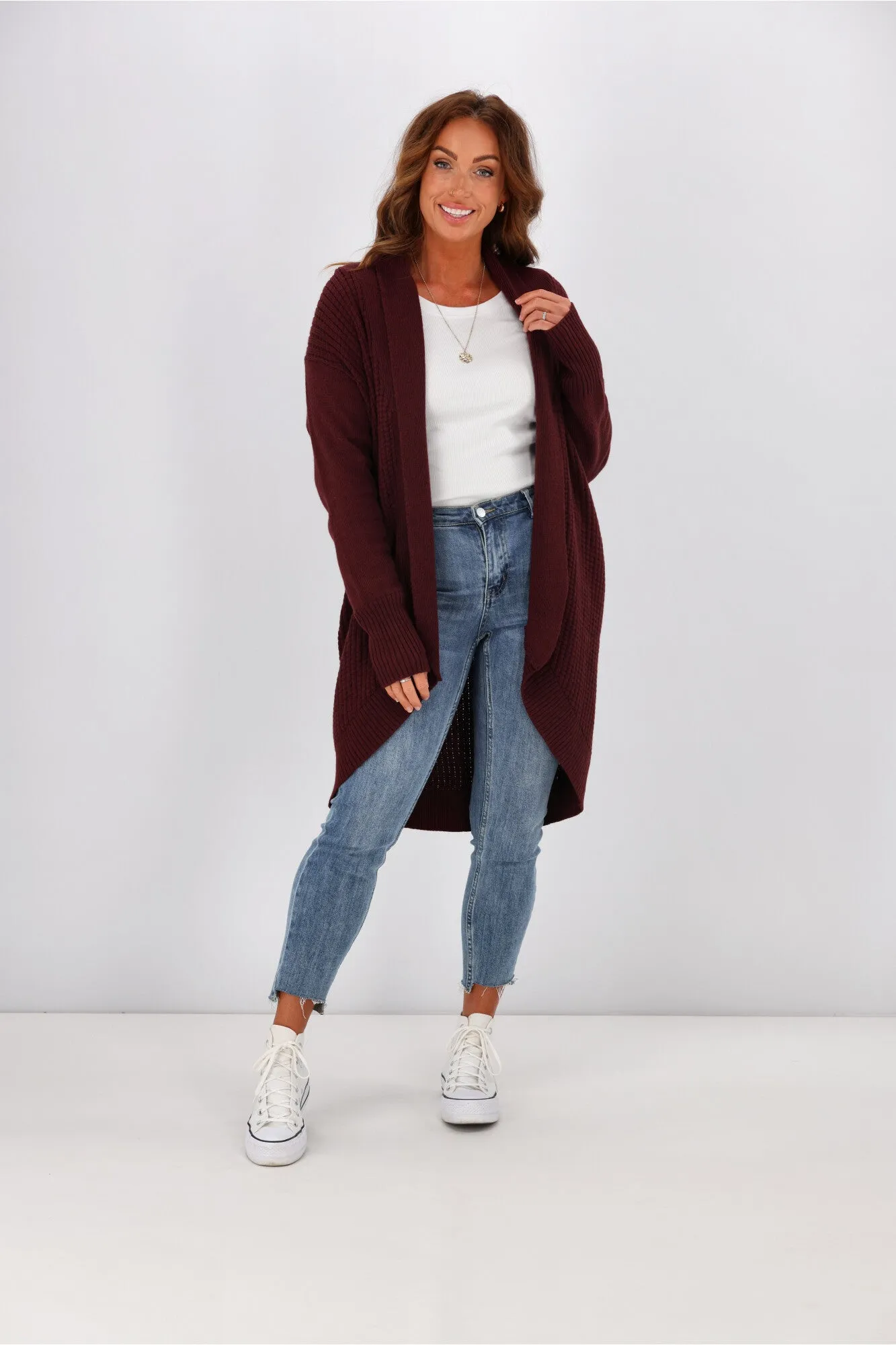 Alpine By Shine On Piccolo Merino Longline Scooped Hem Cardigan Claret