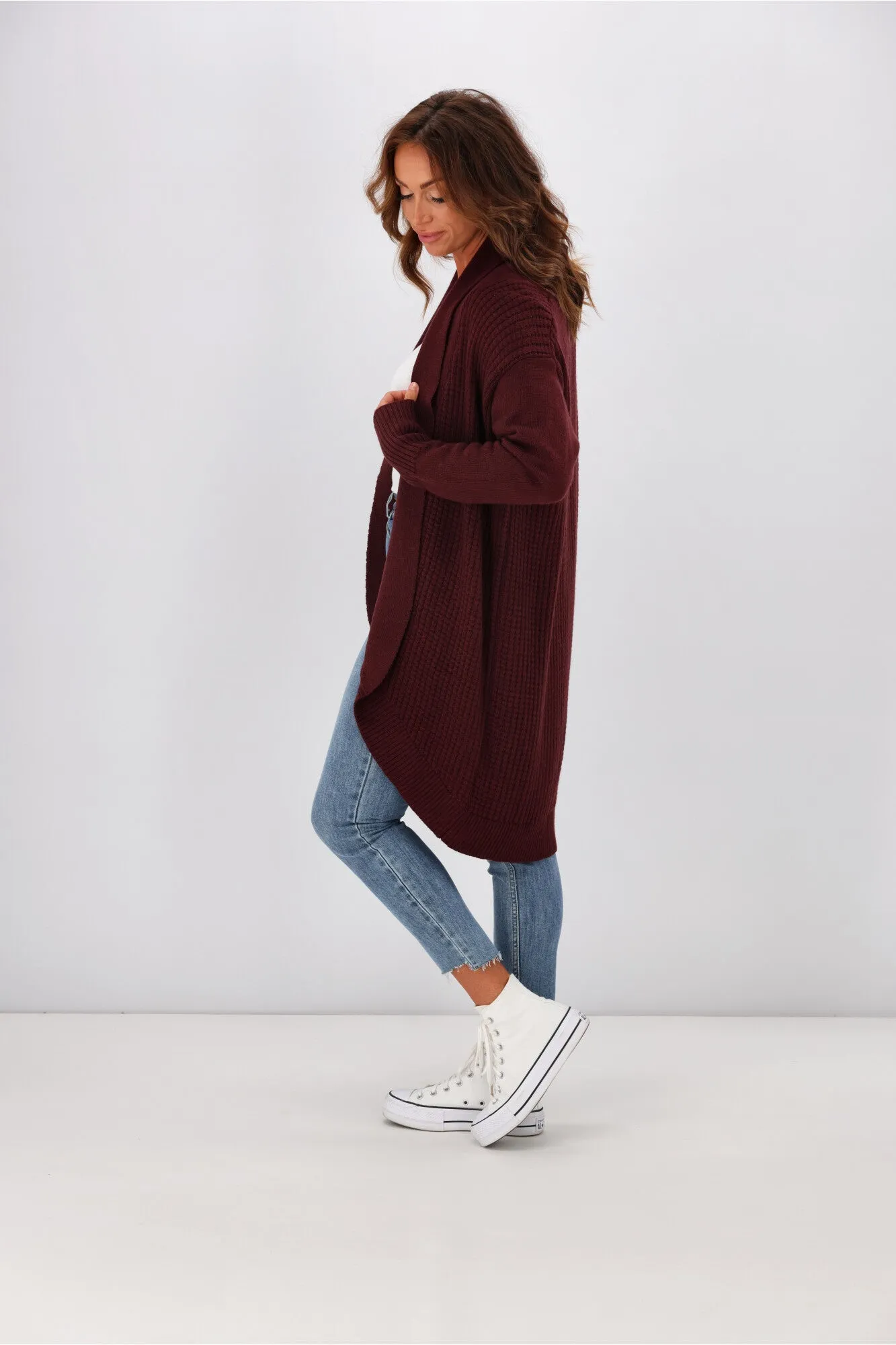 Alpine By Shine On Piccolo Merino Longline Scooped Hem Cardigan Claret