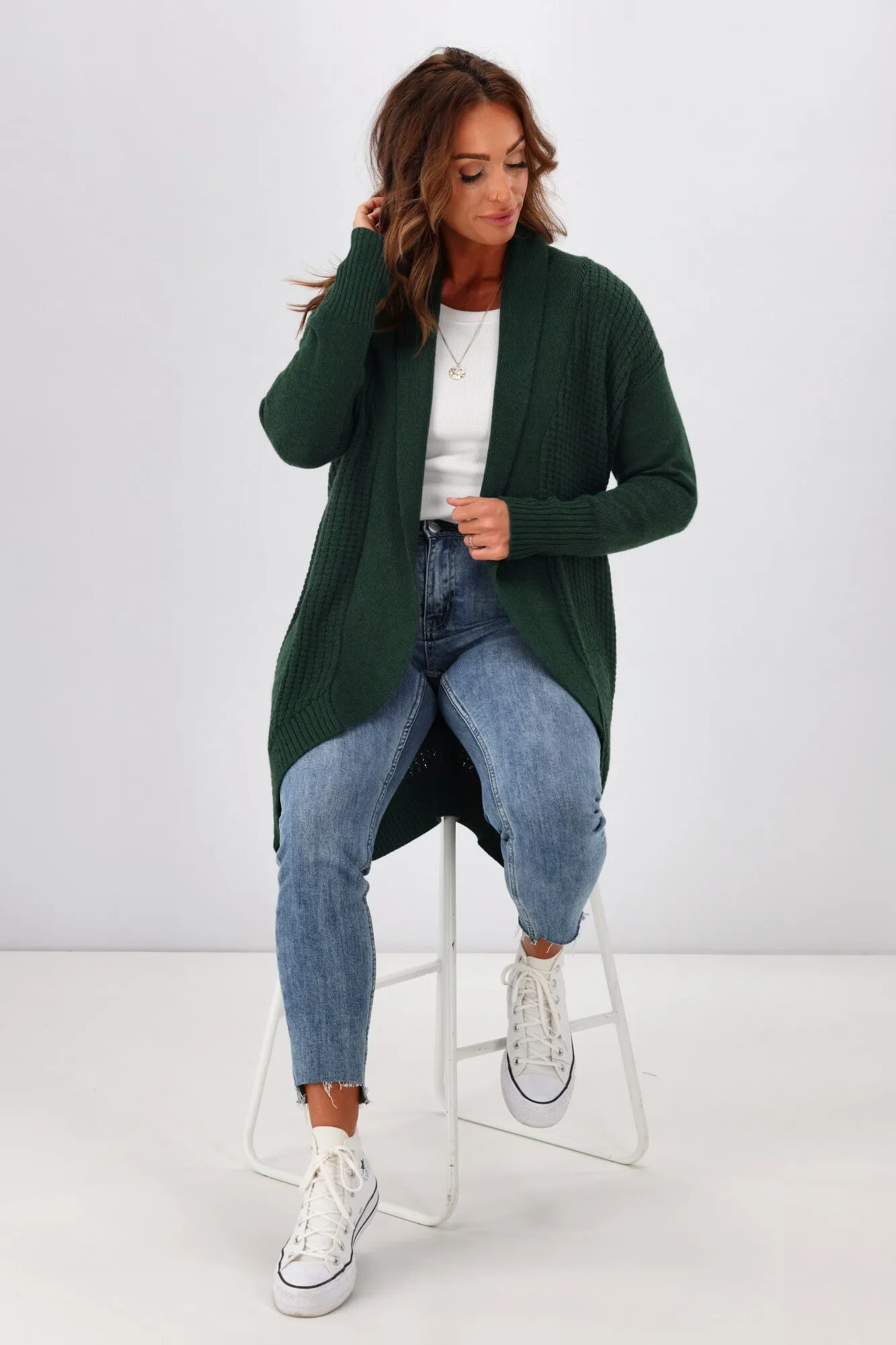 Alpine By Shine On Piccolo Merino Longline Scooped Hem Cardigan Olive