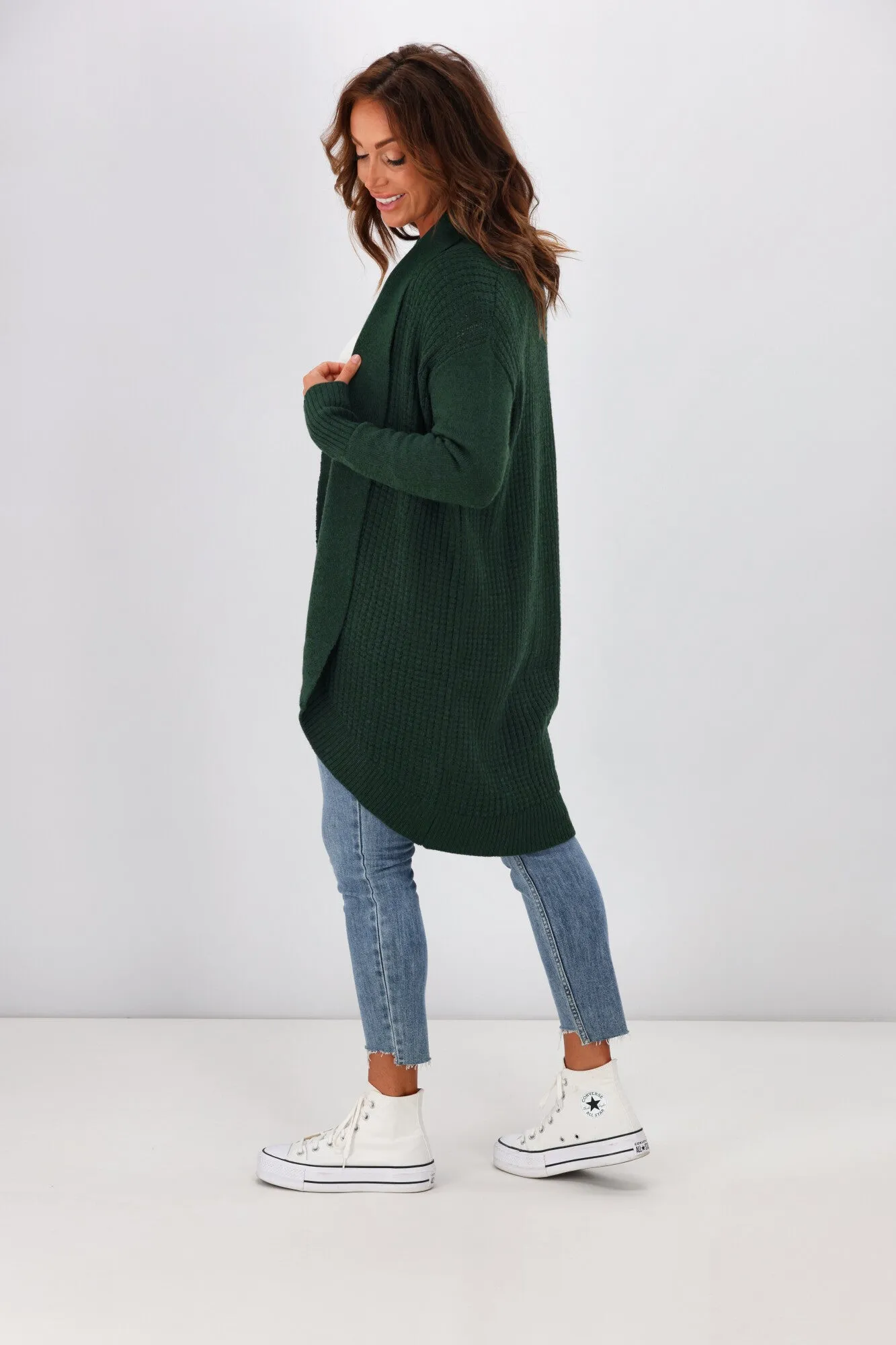 Alpine By Shine On Piccolo Merino Longline Scooped Hem Cardigan Olive