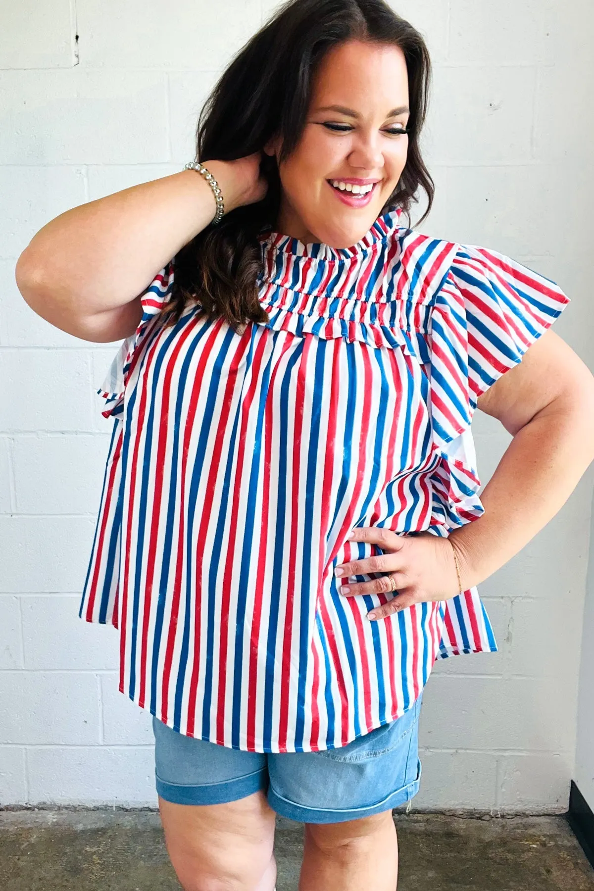 American Red White & Blue Stripe Shirred Yoke Neck Top