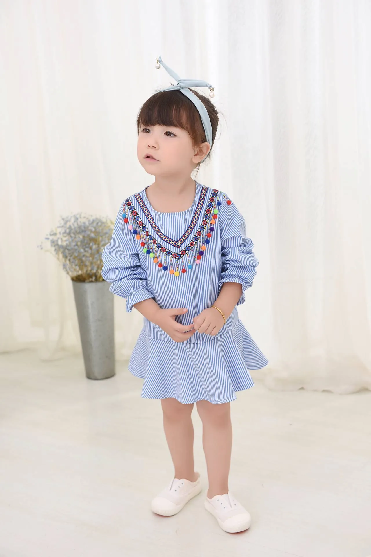 Autumn Fashion Clothing Children  Sleeve Dress with Striped Balls