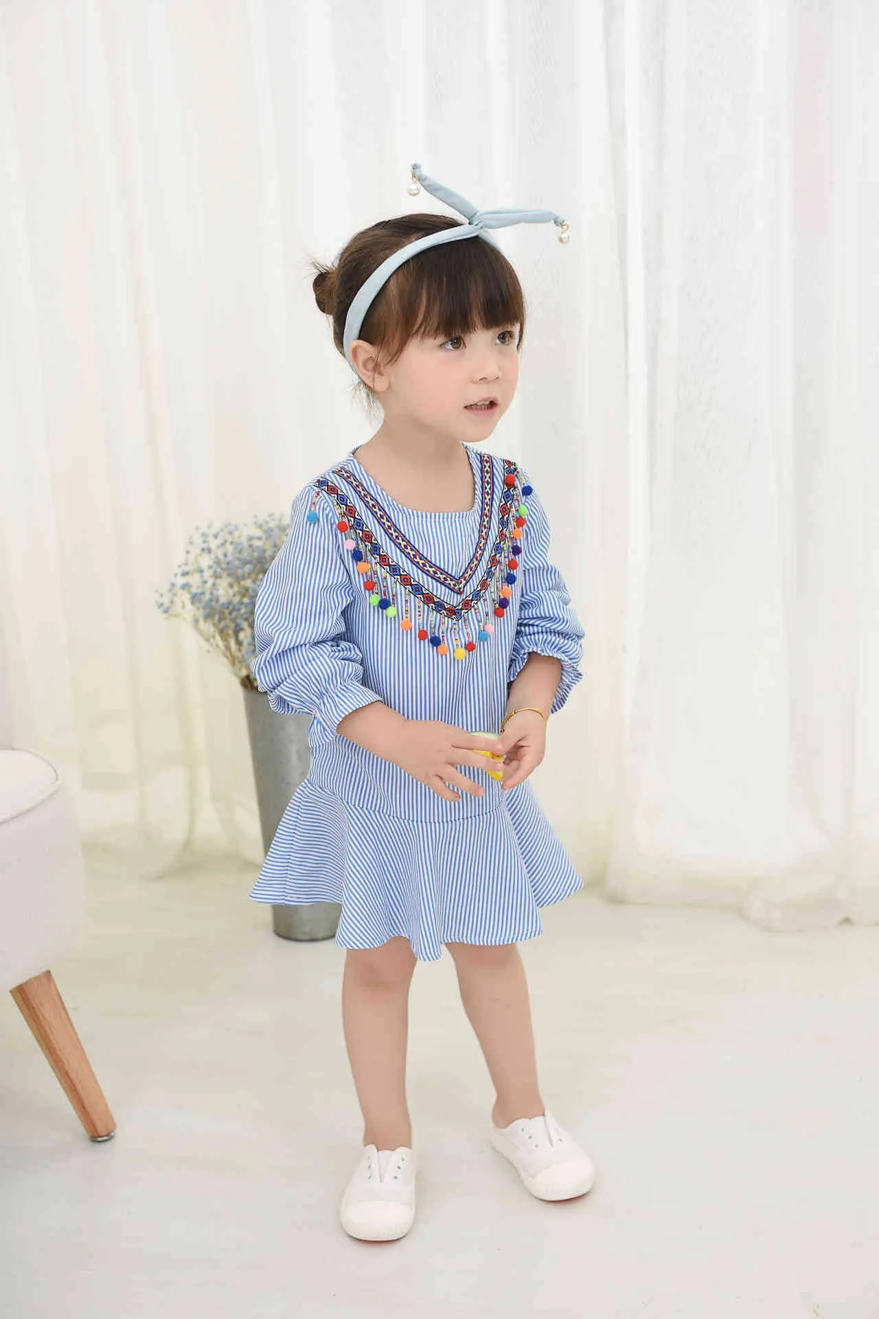 Autumn Fashion Clothing Children  Sleeve Dress with Striped Balls