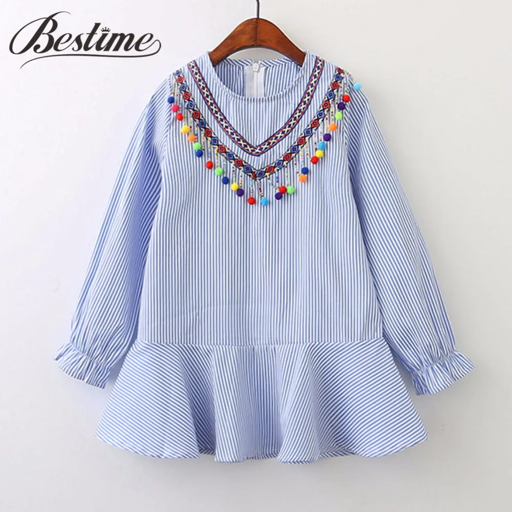 Autumn Fashion Clothing Children  Sleeve Dress with Striped Balls