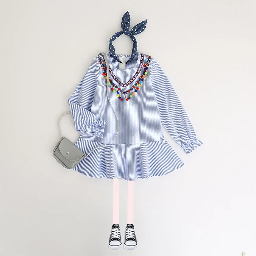 Autumn Fashion Clothing Children  Sleeve Dress with Striped Balls