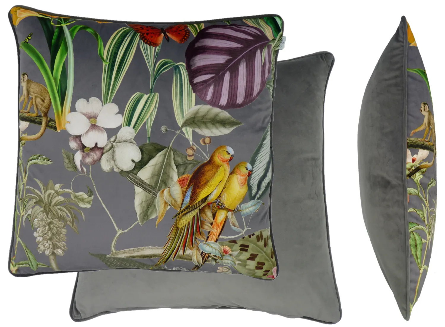 Barbados Grey Dusk Tropical Velvet Cushion Cover (60cm x 60cm)