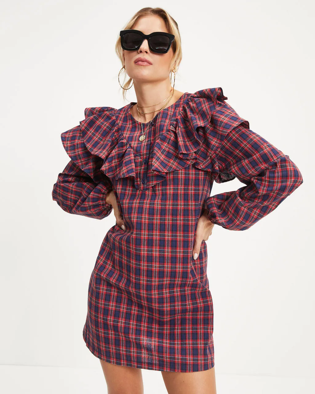 Be Merry Plaid Ruffle Mini Dress