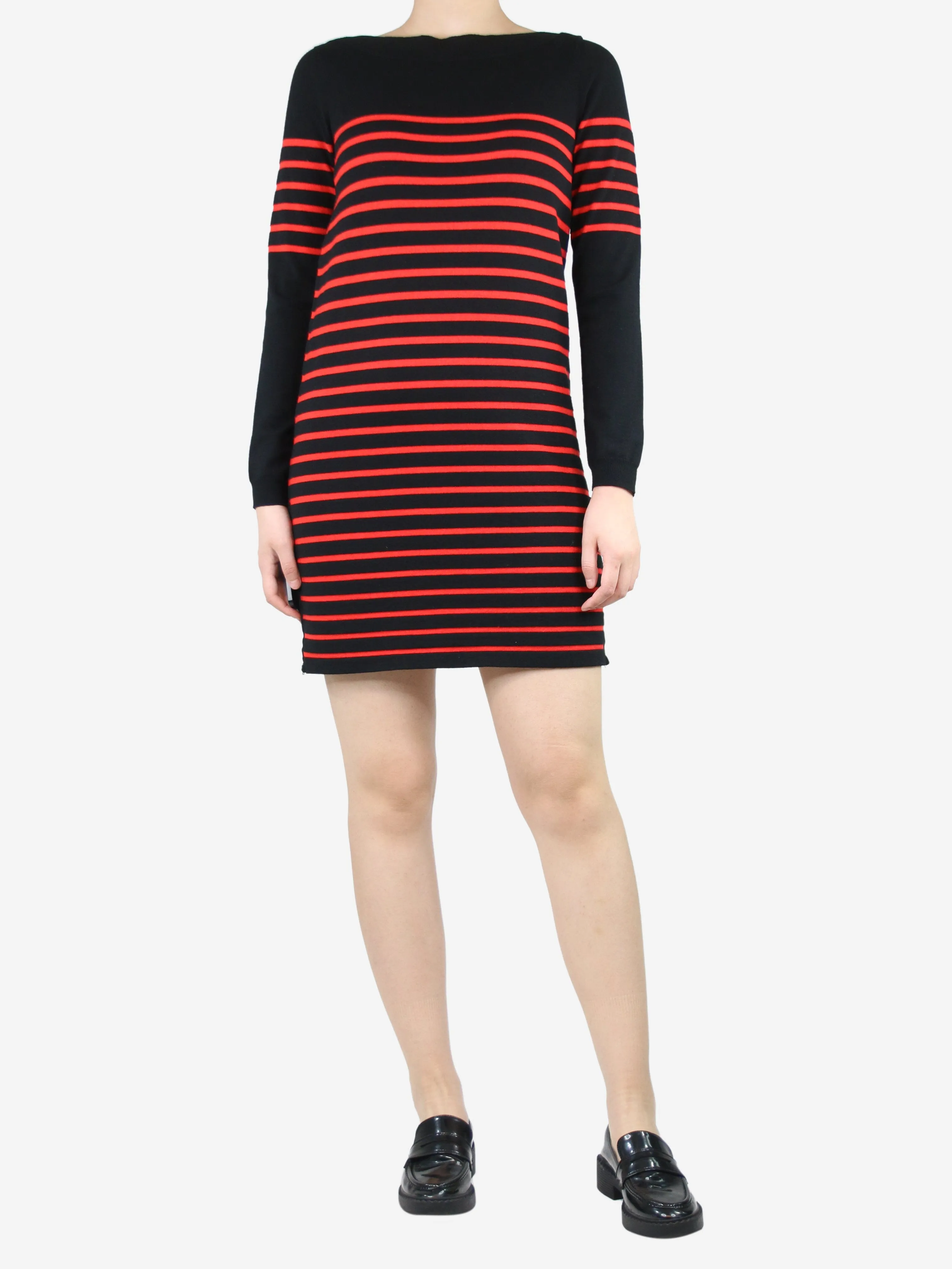 Black and red striped wide-neck knit dress - size UK 10