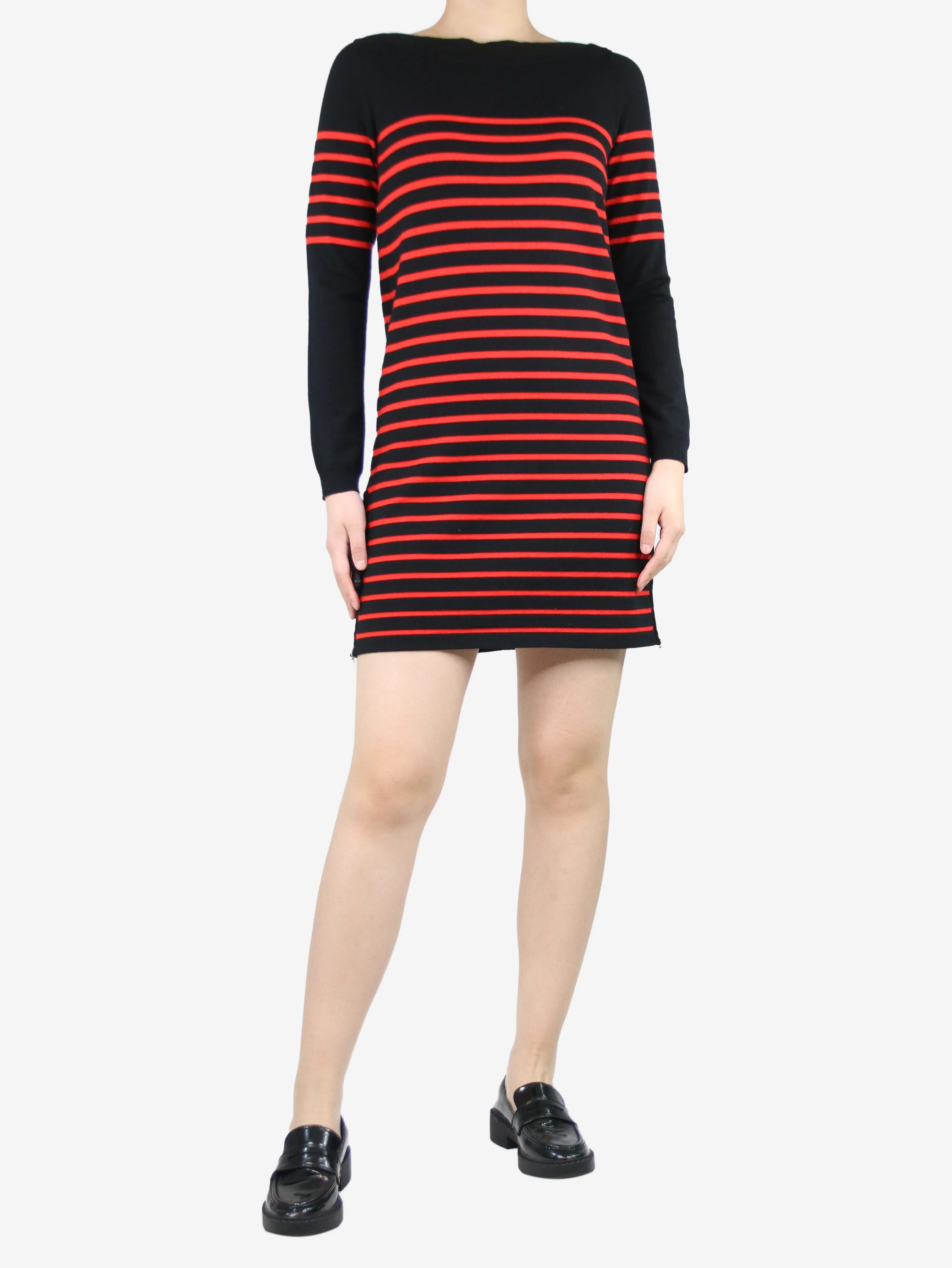 Black and red striped wide-neck knit dress - size UK 10