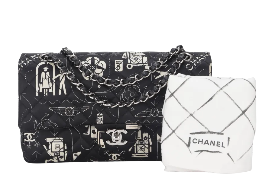 CHANEL CLASSIC FLAP MEDIUM AIRLINE BLACK SATIN SILVER HARDWARE (2262xxxx) WITH DUST COVER AND BOX