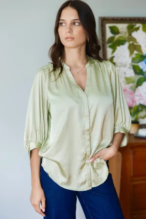 Deity Sage Satin Button Through Puff Sleeve Ss Blouse