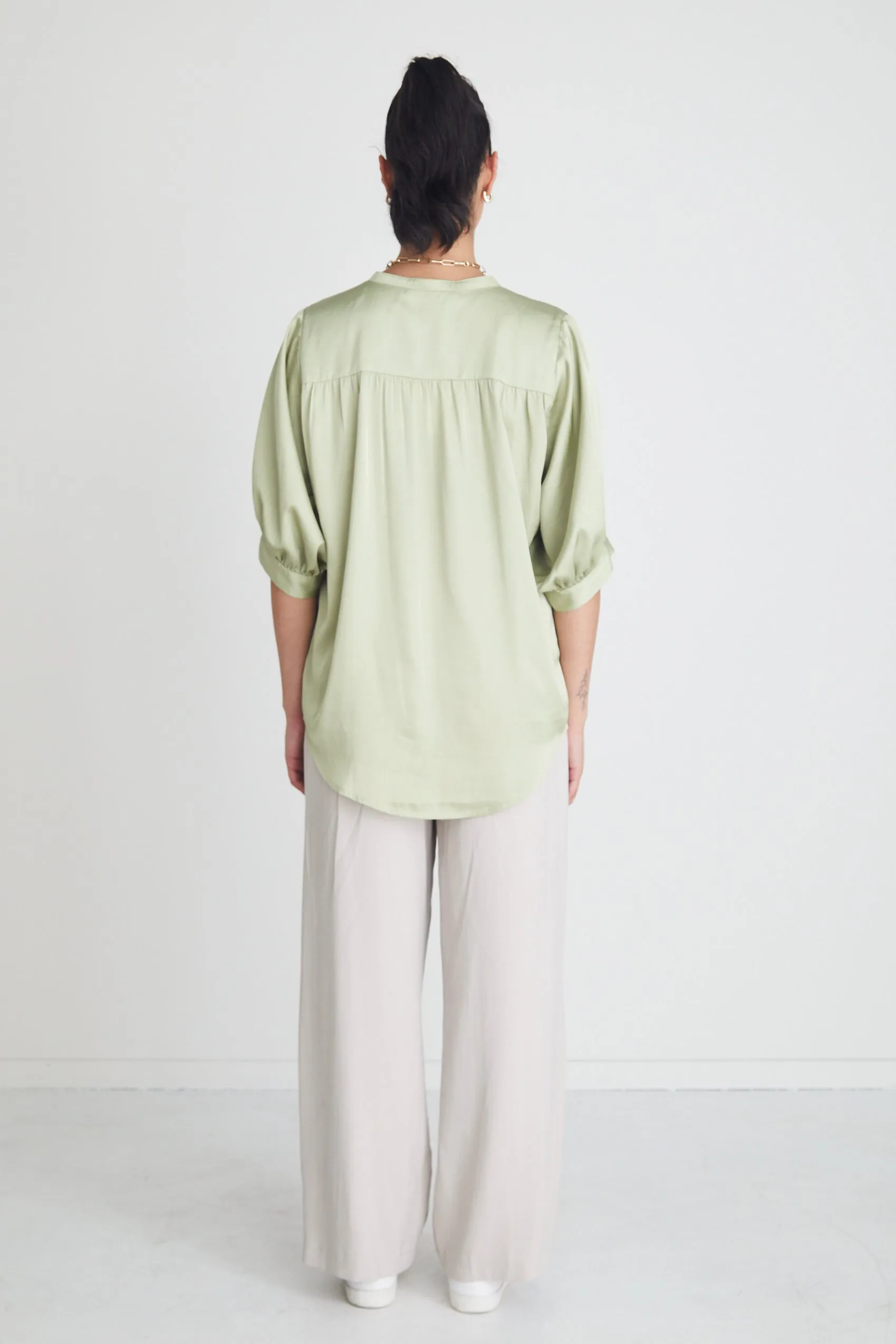 Deity Sage Satin Button Through Puff Sleeve Ss Blouse