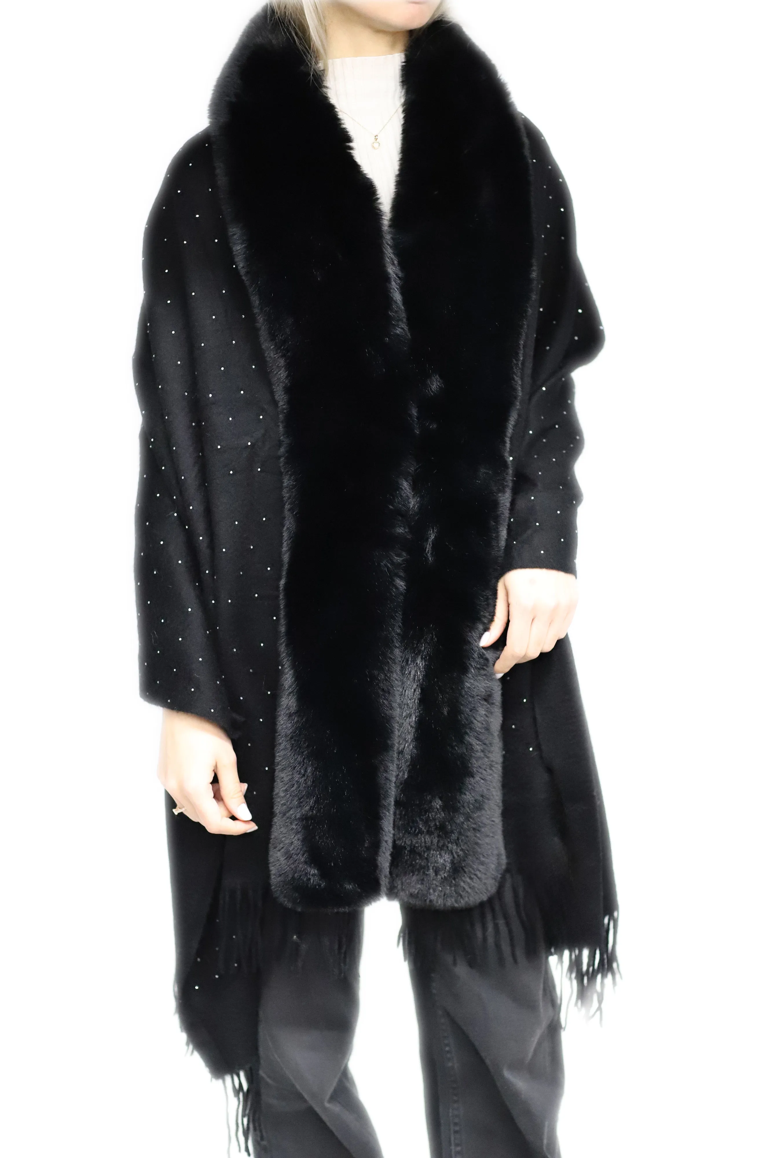 Embellished Black Cashmere Wrap with Fringe - 100% Cashmere