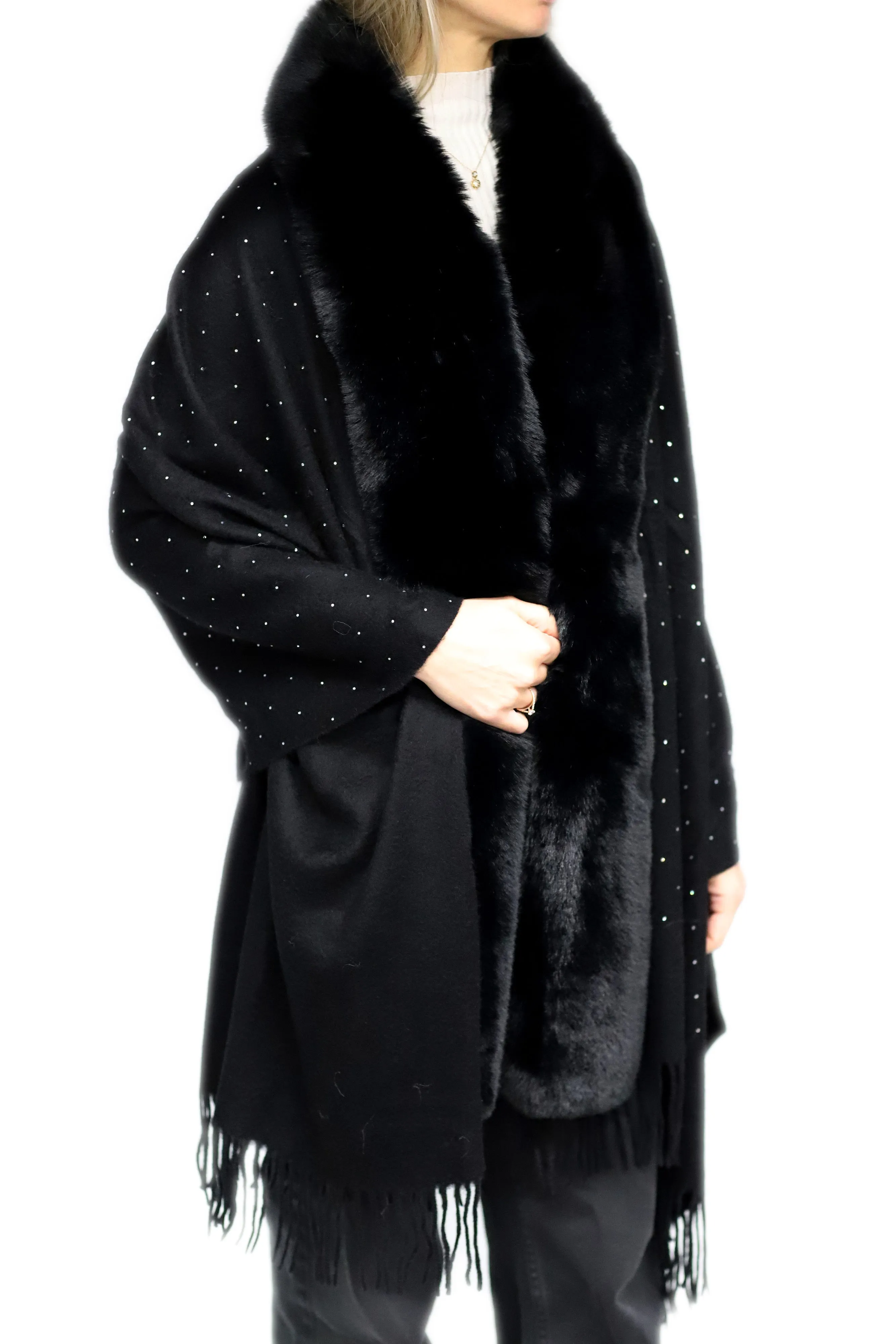 Embellished Black Cashmere Wrap with Fringe - 100% Cashmere