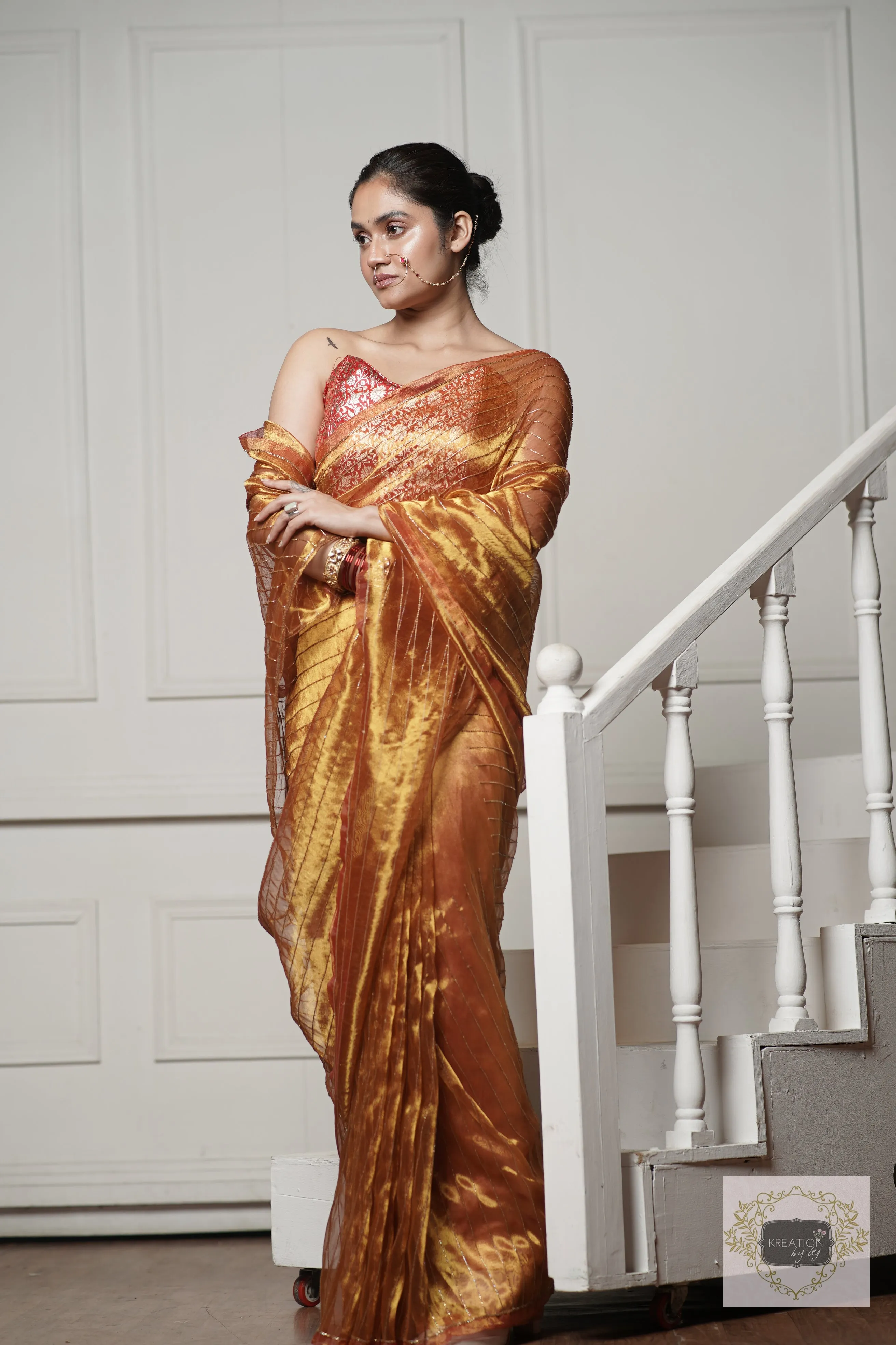 Fiery Gold Tissue Noorani Saree