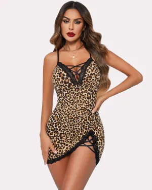 Lace Leopard Print Full Slip Dress