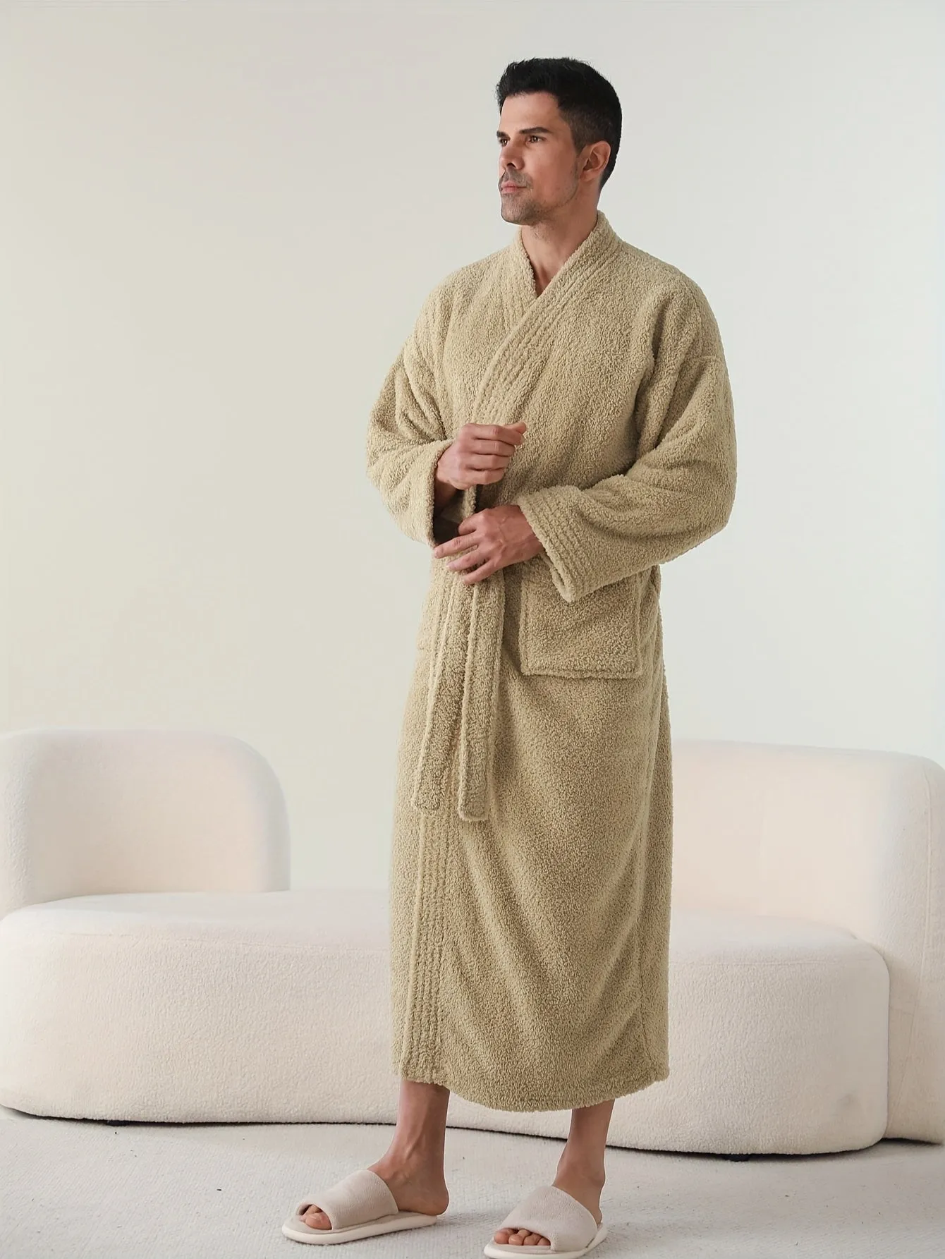 Luxurious Soft Polyester V-Neck Long Sleeve Robe Set with Pockets - Casual Solid Color Knit Fabric Couples Loungewear with Waist Tie, Perfect for Fall/Winter Season - Unisex Home Wear and Sleepwear with Functional Placket