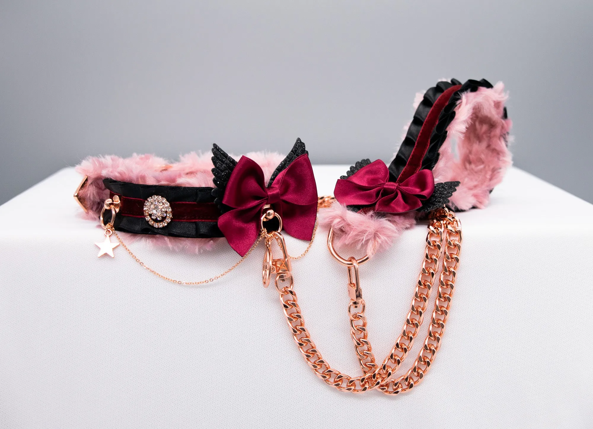 Luxury "Fur Lined" Black and Maroon Velvet Collar and Leash Set