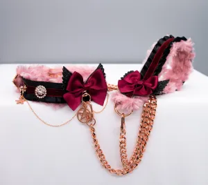 Luxury "Fur Lined" Black and Maroon Velvet Collar and Leash Set