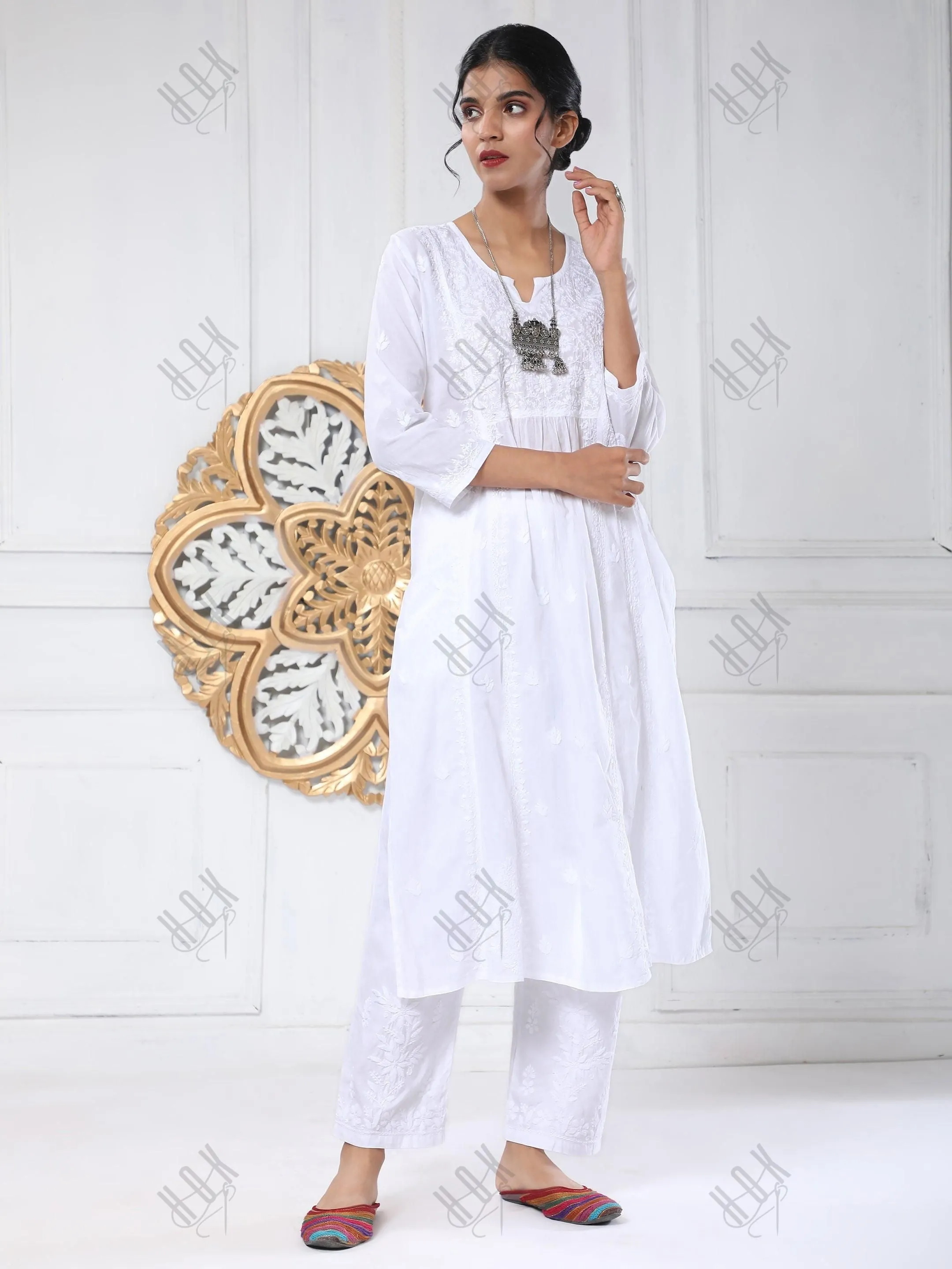 Noor House of Kari Hand embroidery Chikankari Dress in White