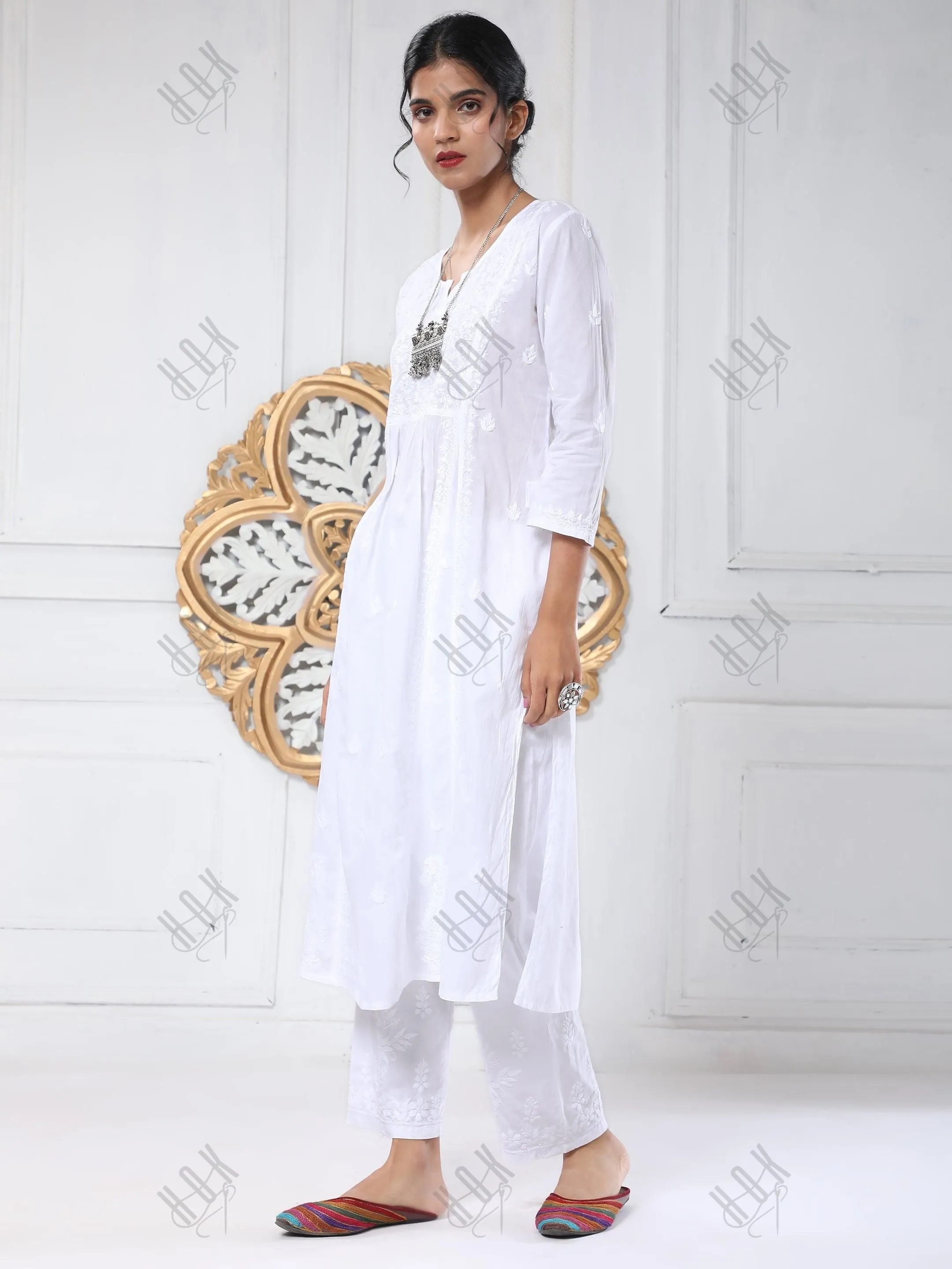 Noor House of Kari Hand embroidery Chikankari Dress in White