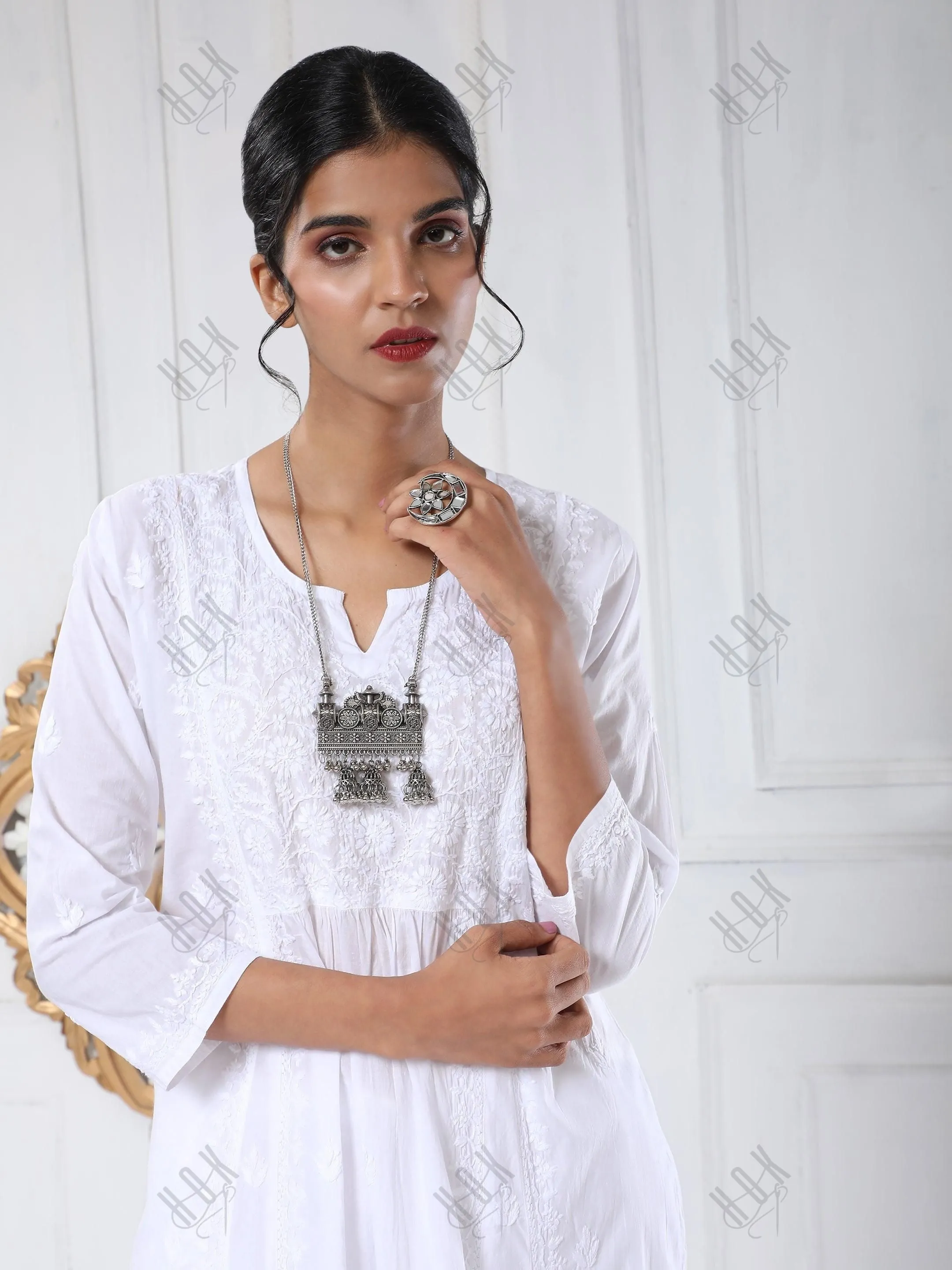 Noor House of Kari Hand embroidery Chikankari Dress in White