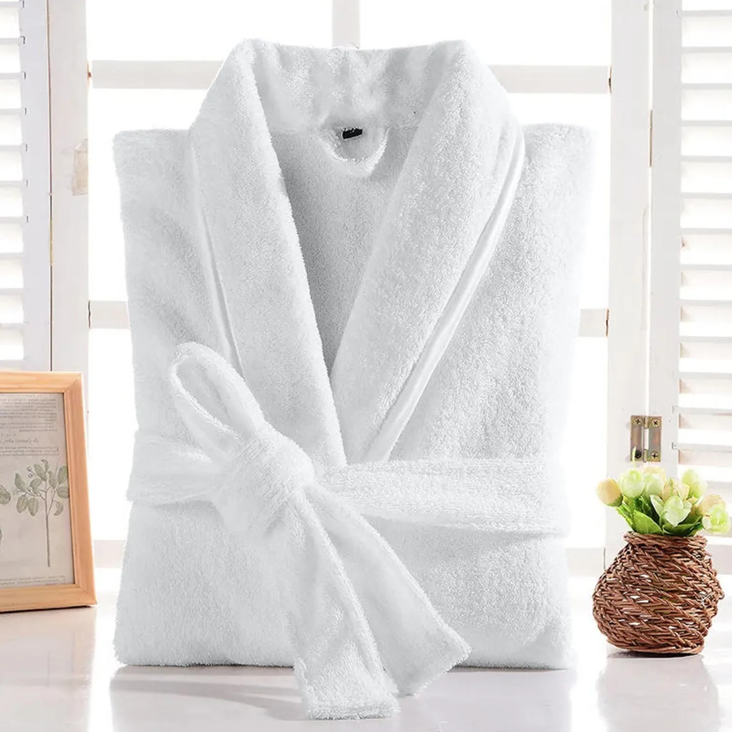 Premium Cotton White Terry Bathrobe with Pockets Suitable for Men and Women, Soft & Warm Terry Home Bathrobe, Sleepwear Loungewear, One Size Fits All