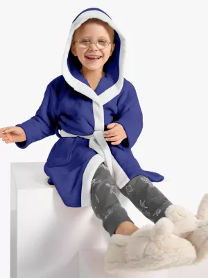 Premium Unisex Blue Bathrobe for Kids Ages 4-14 years with Hood and Tie Up Belt High quality Absorbent