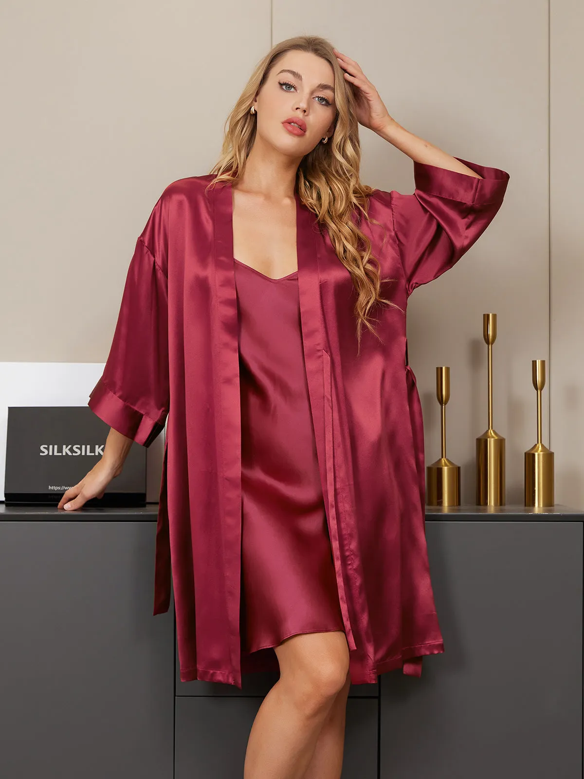 Pure Silk Classic Spaghetti Strap Slip Nightgown&Dressing Gown Set 2Pcs