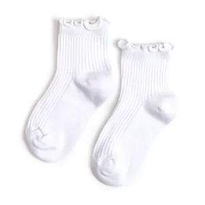 Ribbed Lettuce Trim Midi Socks - White