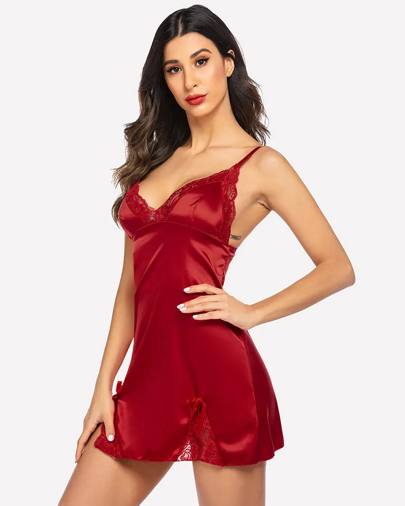 Satin Lace Mini Dress V Neck Nightgown