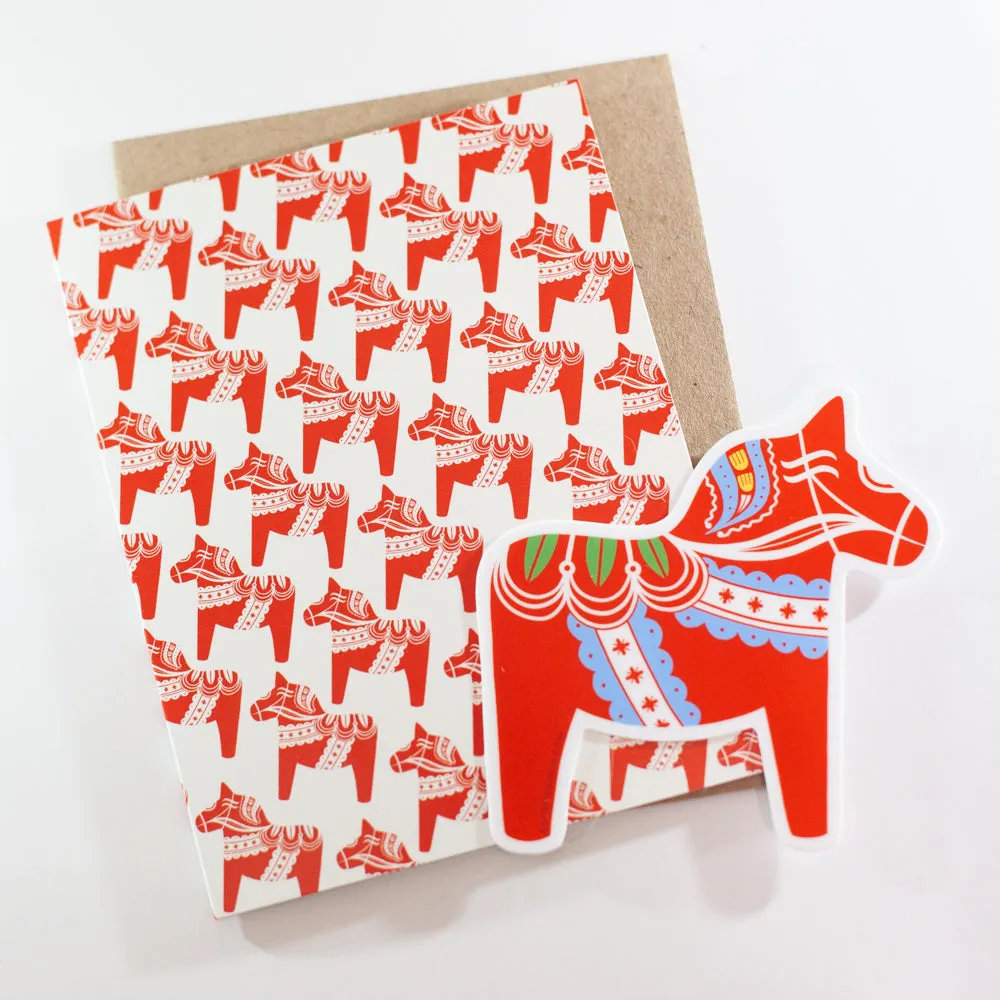 Swedish Dala horse folk art card, blank decorative card for any occasion, folk art Dala horse notecard