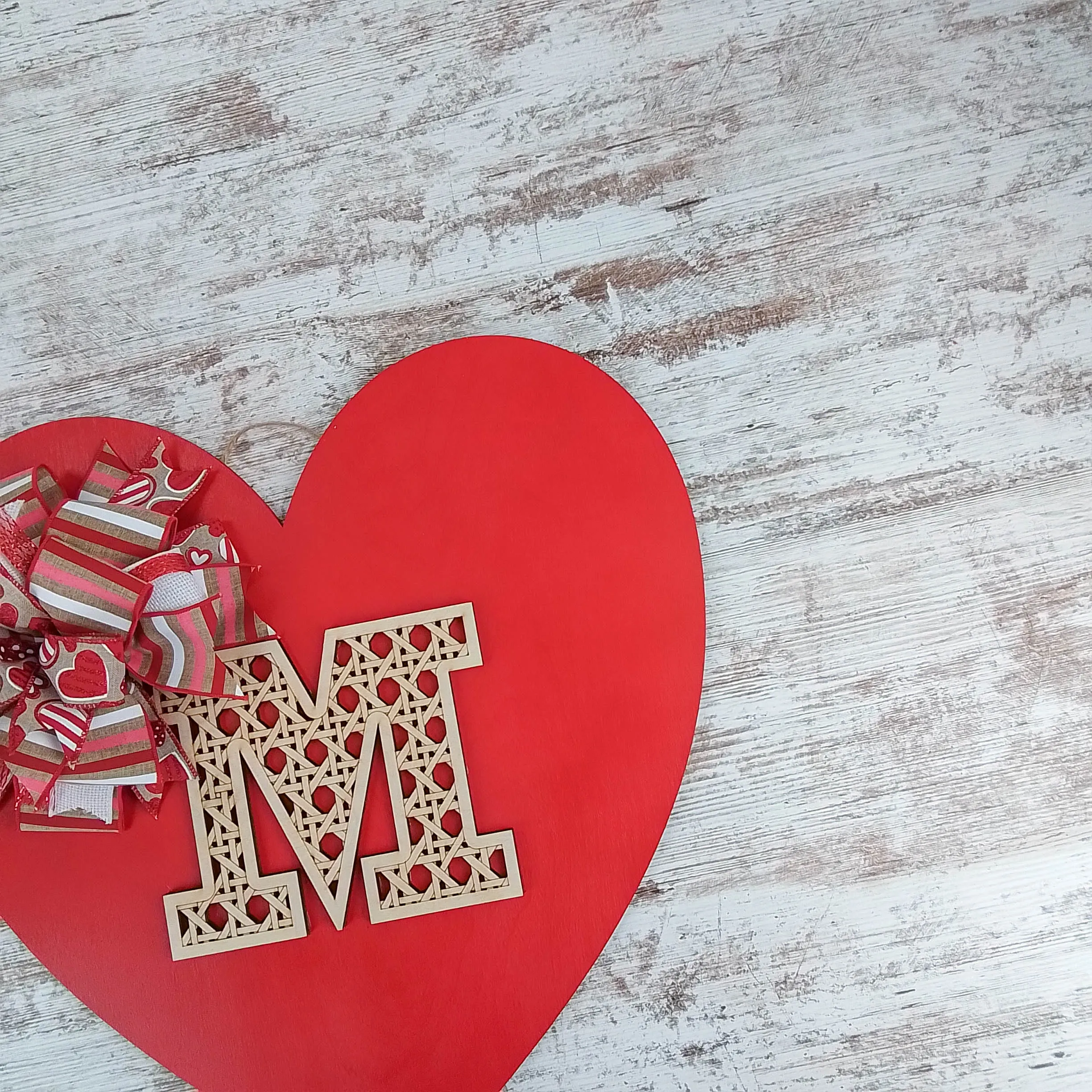 Valentine's Day Heart Door Hanger, Decorative Monogram M, Romantic Red Heart with Bow