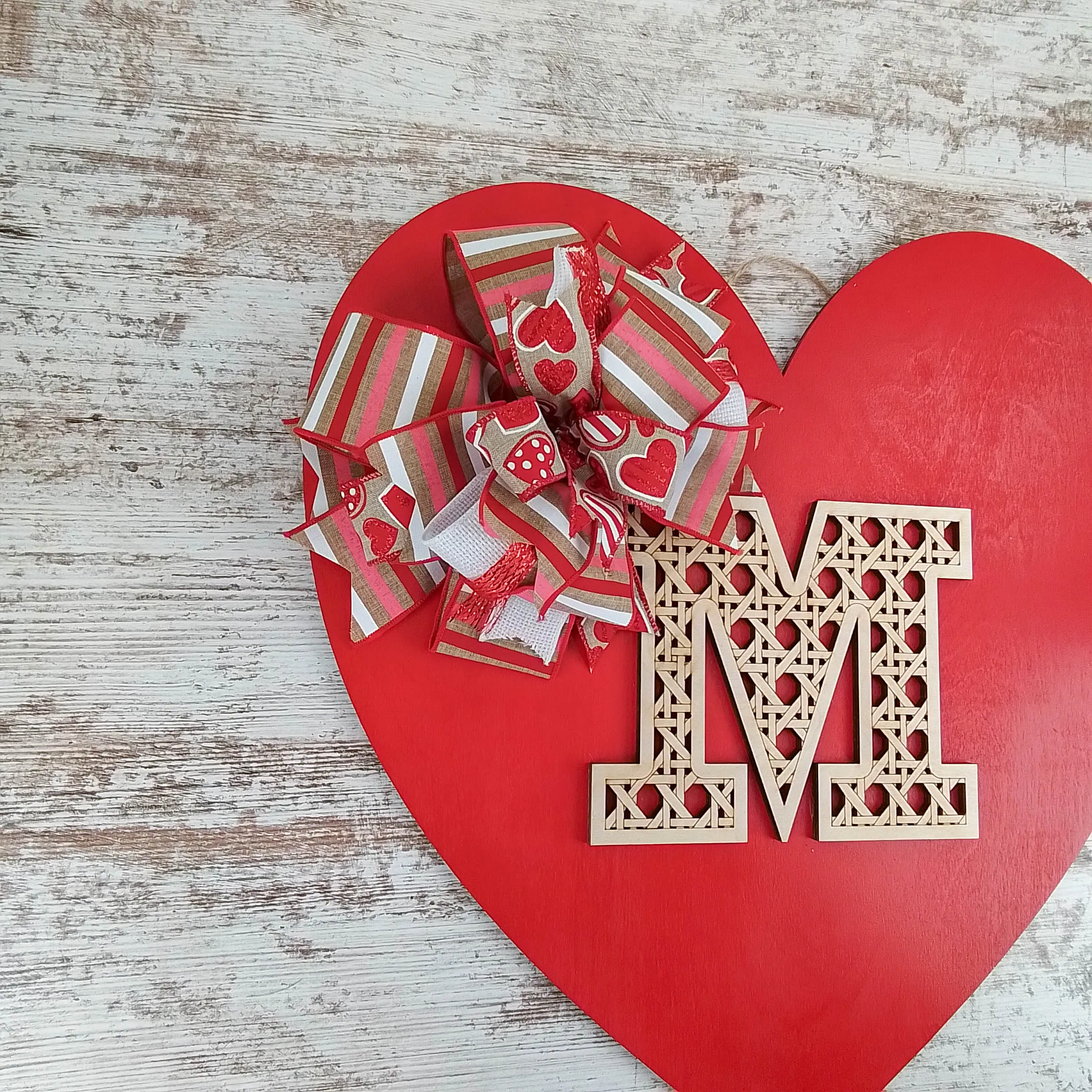 Valentine's Day Heart Door Hanger, Decorative Monogram M, Romantic Red Heart with Bow