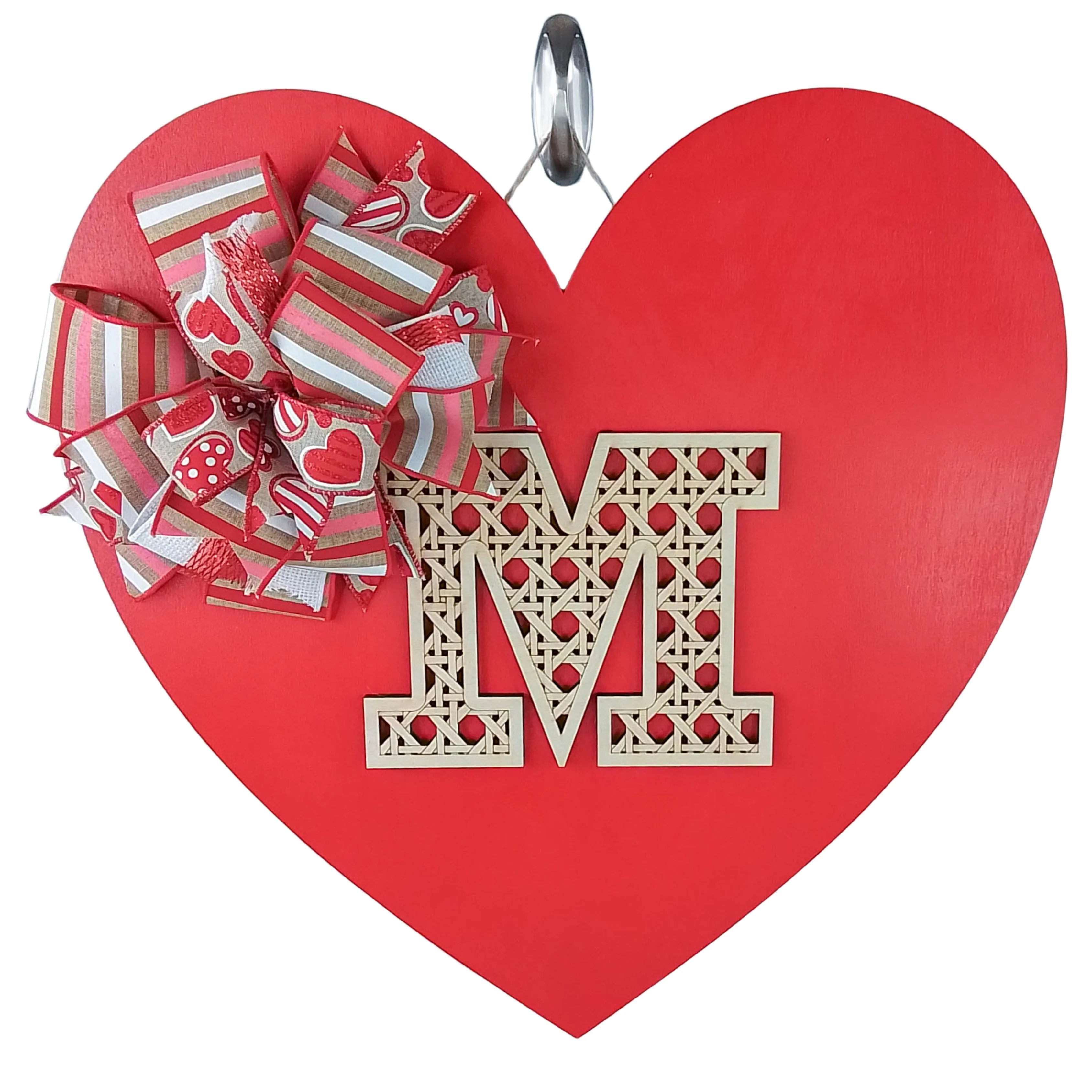 Valentine's Day Heart Door Hanger, Decorative Monogram M, Romantic Red Heart with Bow