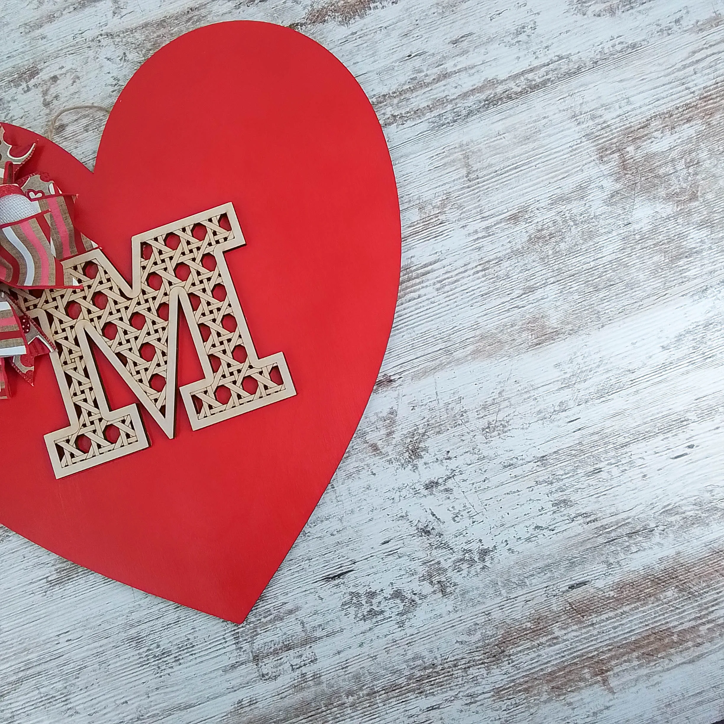 Valentine's Day Heart Door Hanger, Decorative Monogram M, Romantic Red Heart with Bow