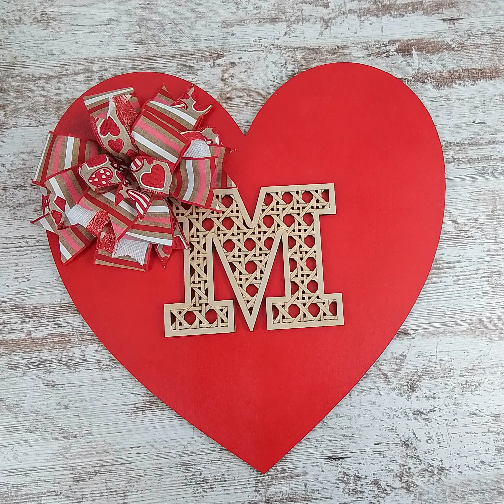 Valentine's Day Heart Door Hanger, Decorative Monogram M, Romantic Red Heart with Bow