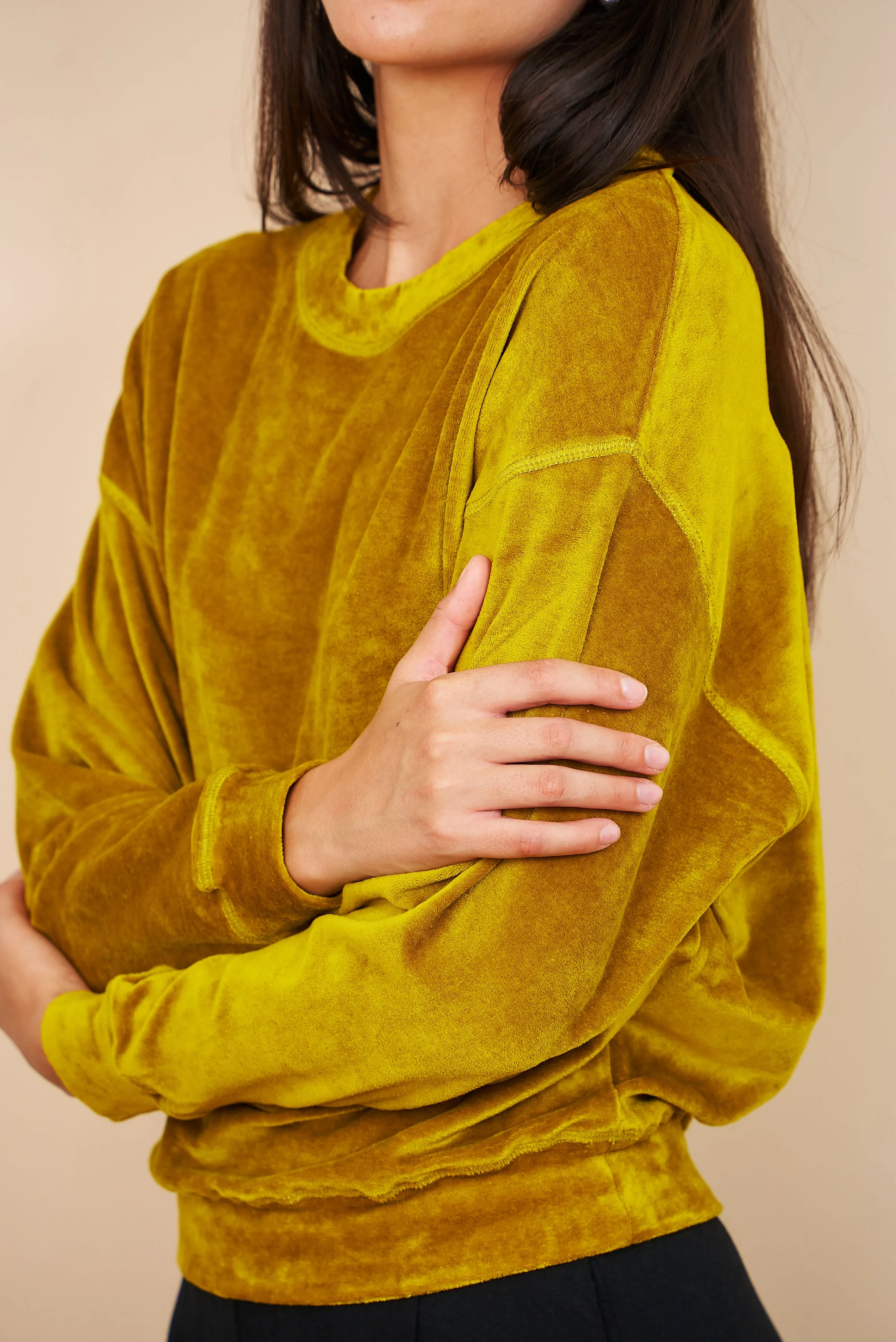 Velour Long Sleeve Crewneck in Chartreuse