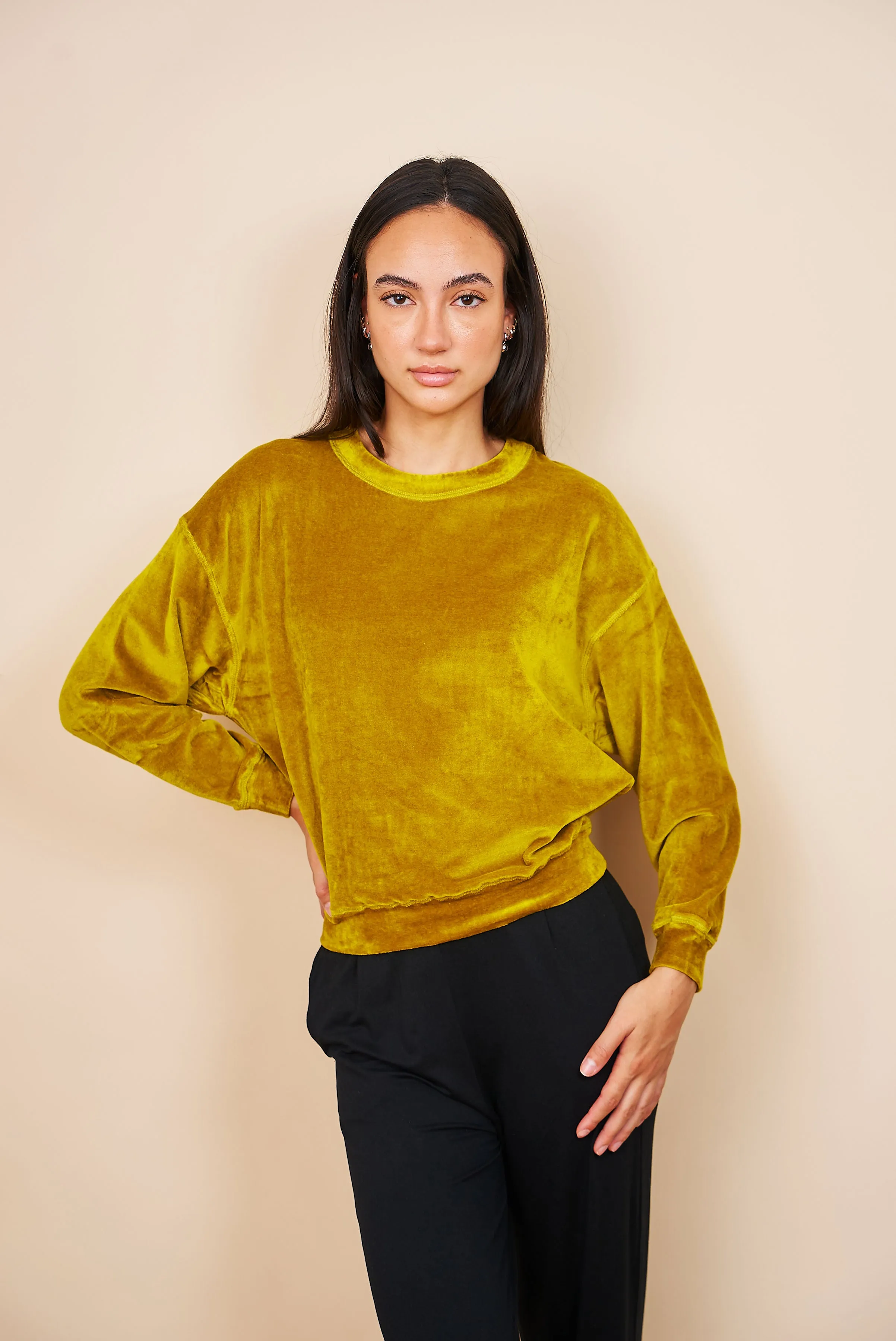 Velour Long Sleeve Crewneck in Chartreuse