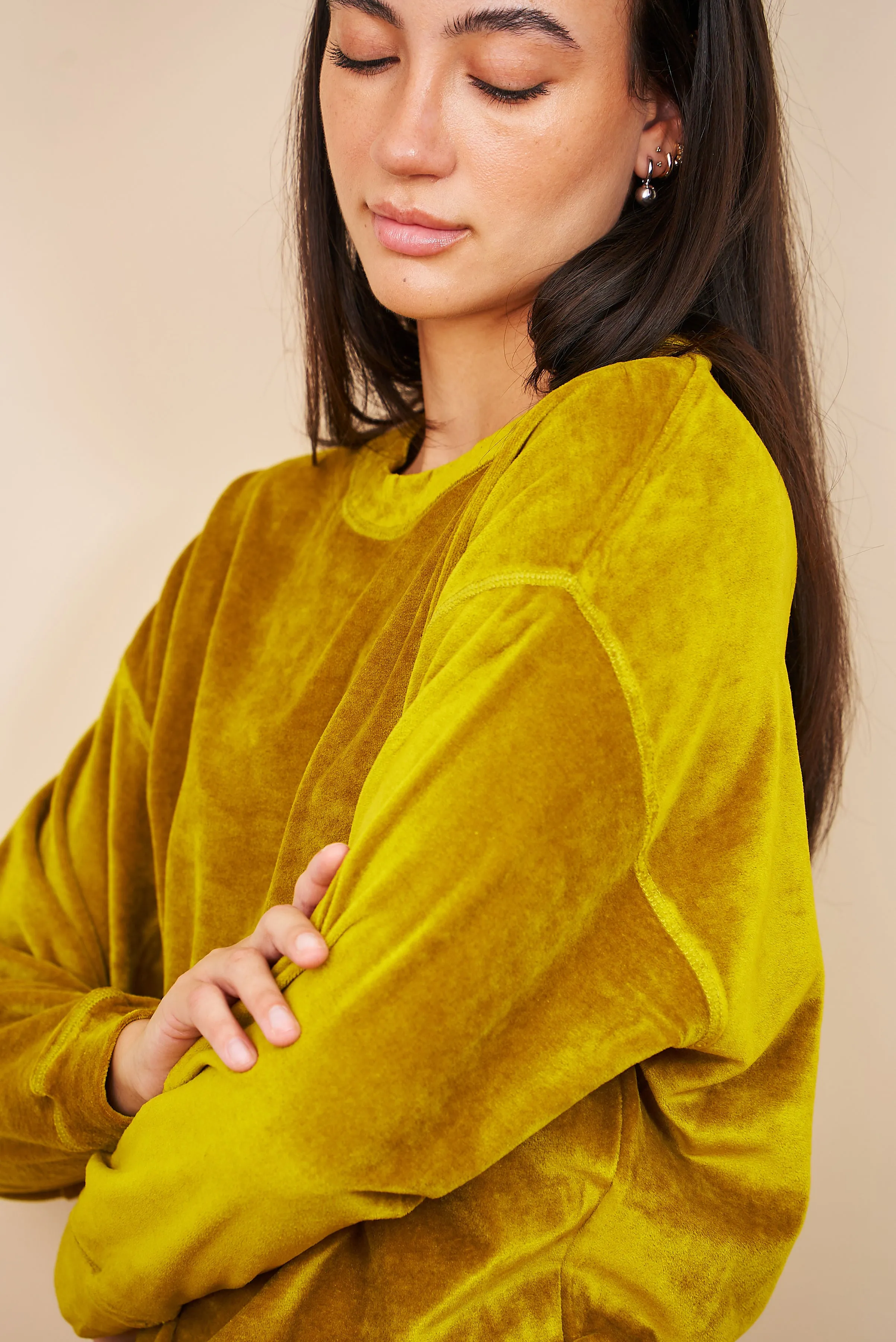 Velour Long Sleeve Crewneck in Chartreuse