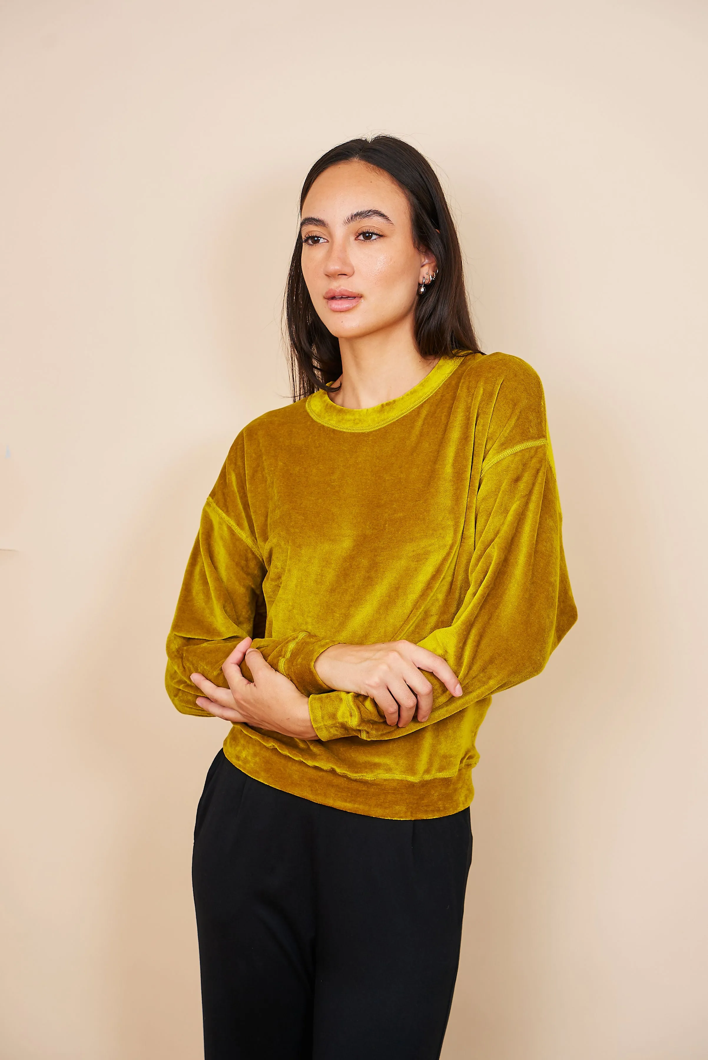 Velour Long Sleeve Crewneck in Chartreuse