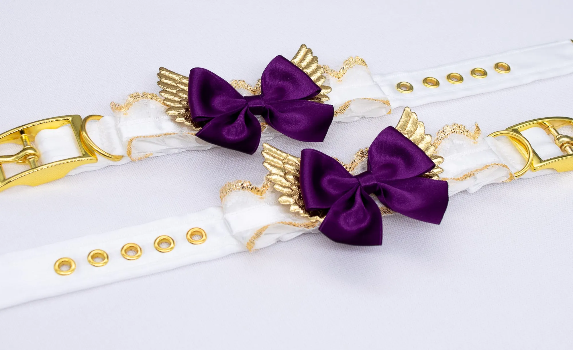 White Lace Plum Bows Winged BDSM Cuffs in Gold