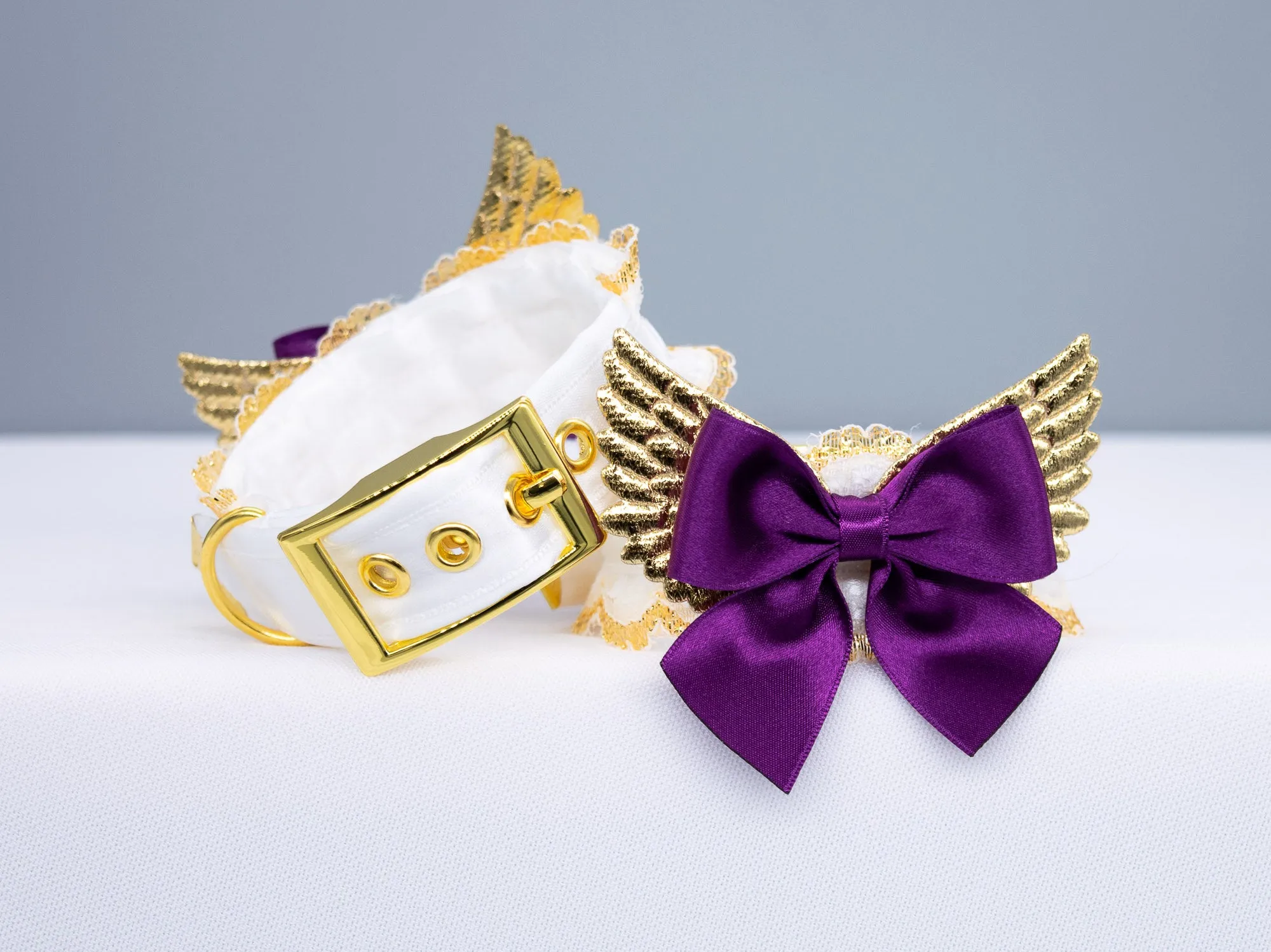 White Lace Plum Bows Winged BDSM Cuffs in Gold